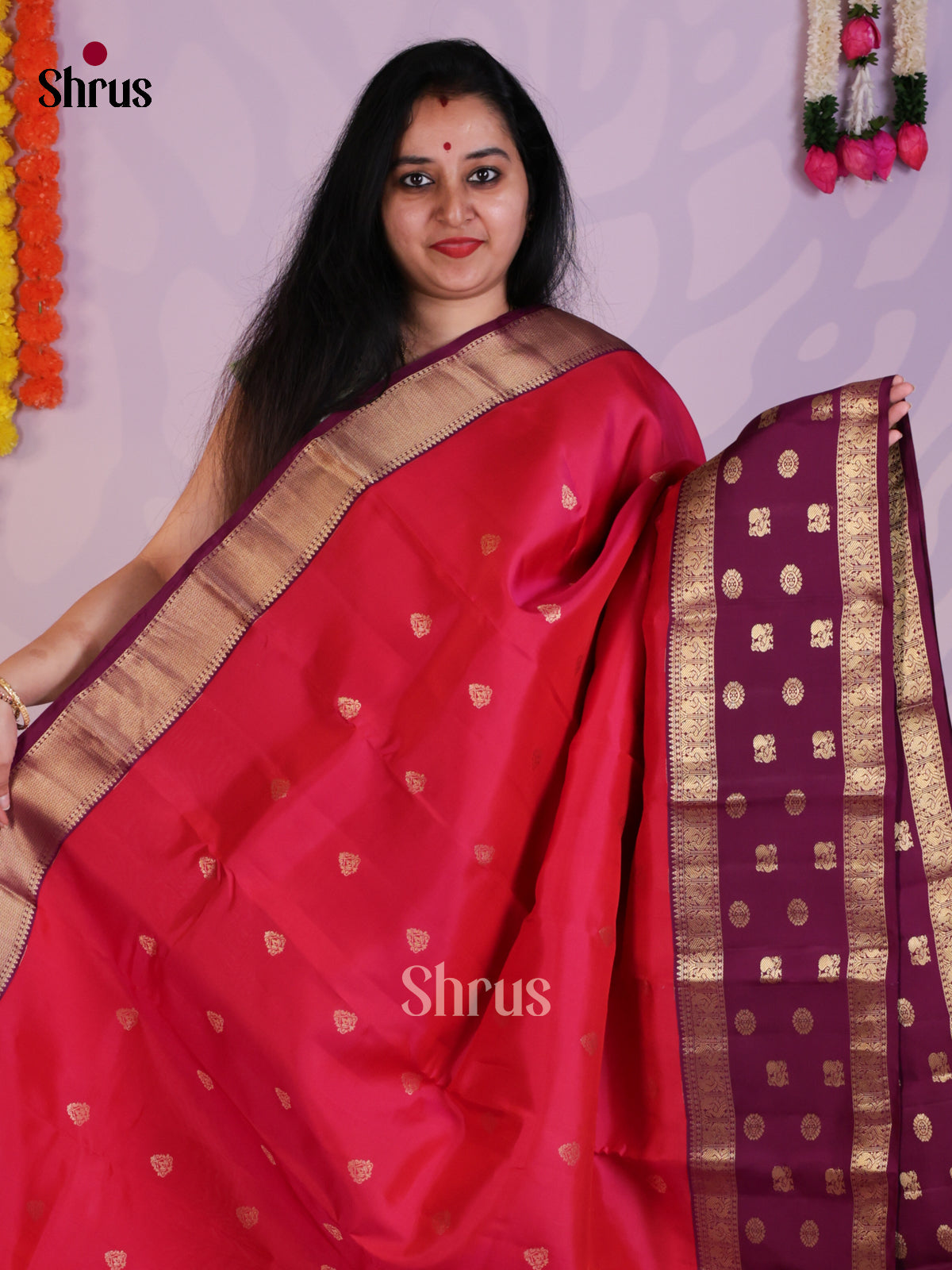 Orangish Pink & Purple - Kanchipuram-halfpure Saree- EAS08307 - Shop on Shrus.com