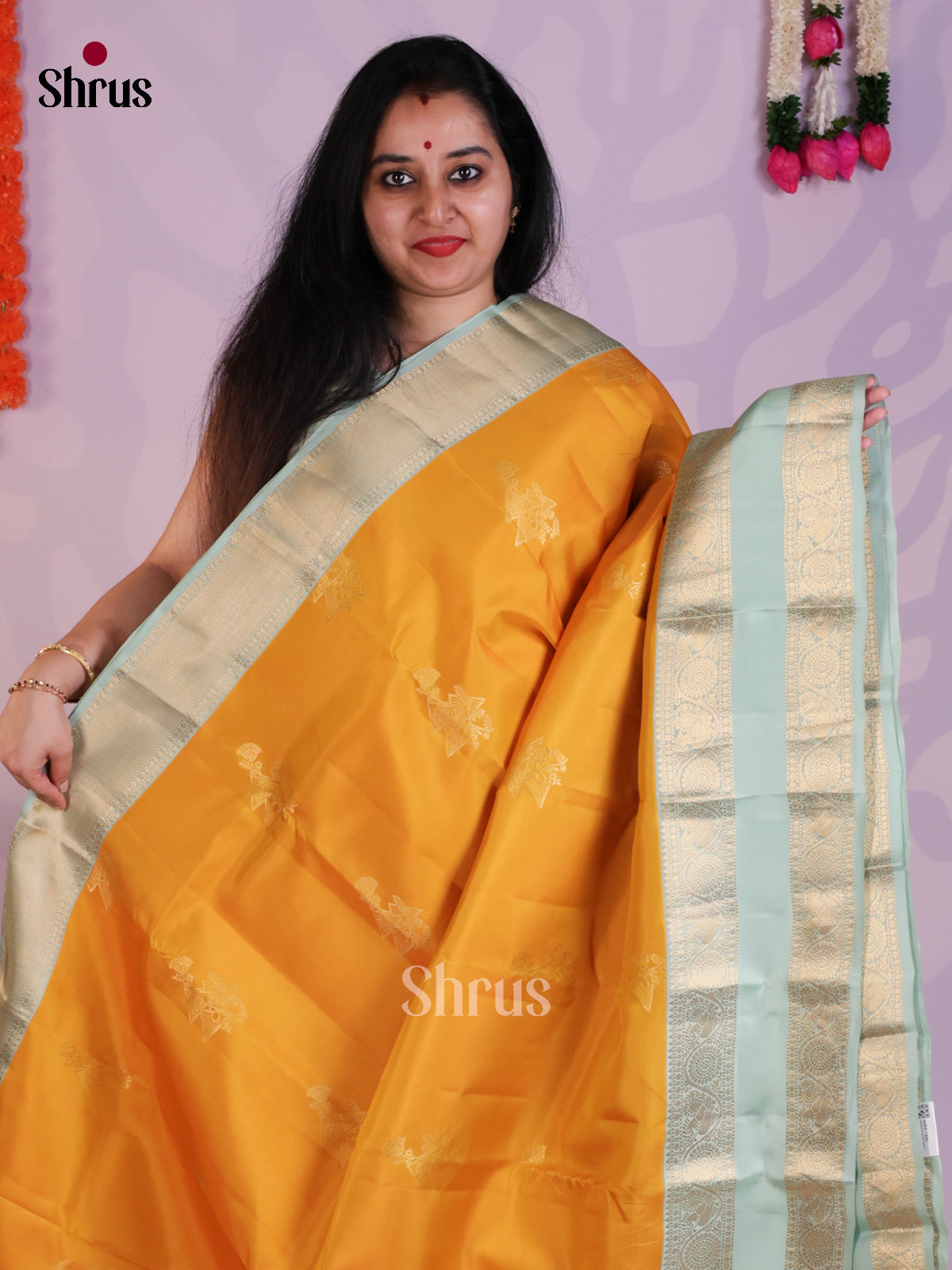 Mustard & ice Green - Kanchipuram-halfpure Saree- EAS08319 - Shop on Shrus.com
