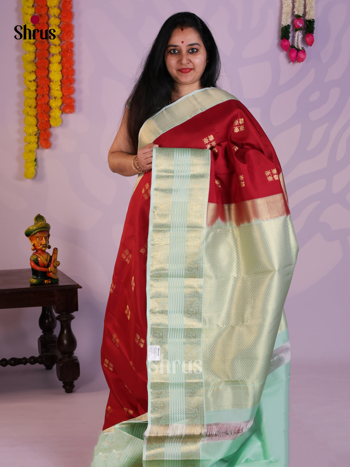 Red & ice Green - Kanchipuram-halfpure Saree- EAS08325 - Shop on Shrus.com
