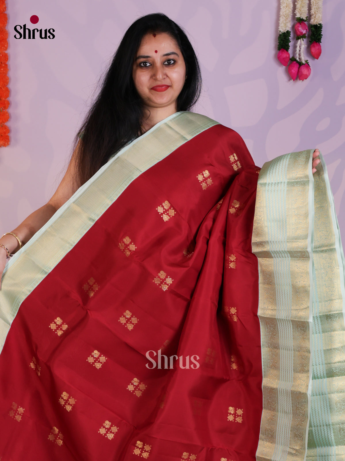 Red & ice Green - Kanchipuram-halfpure Saree- EAS08325 - Shop on Shrus.com