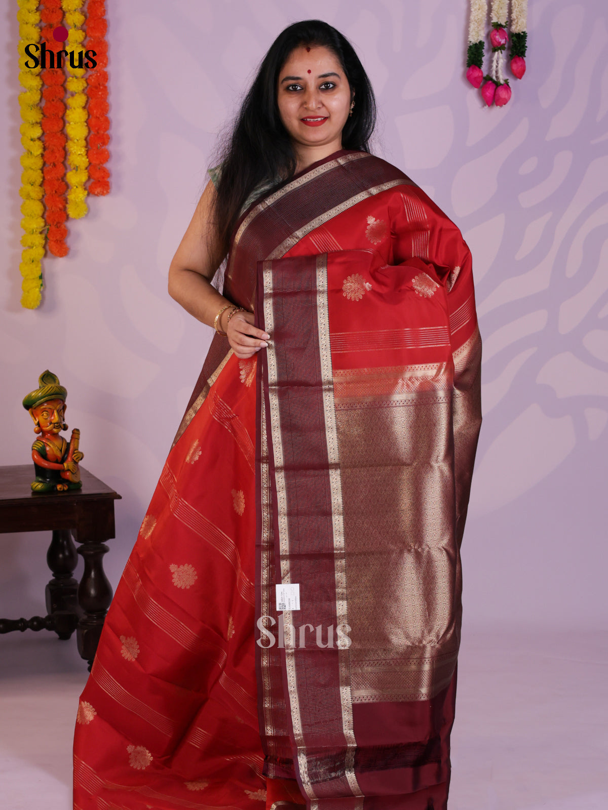 Orange & maroon- Kanchipuram-halfpure Saree- EAS08334 - Shop on Shrus.com