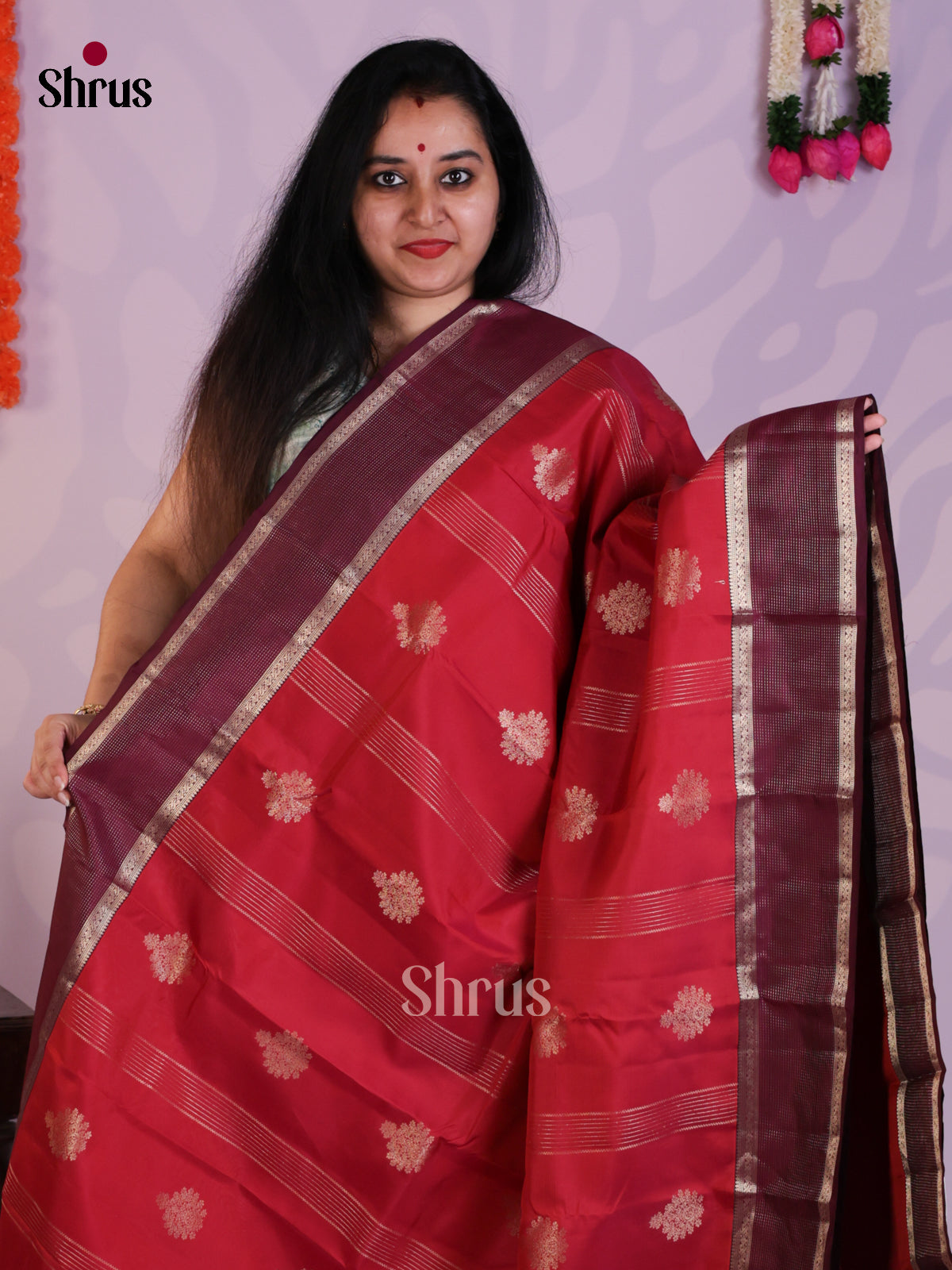 Red & maroon - Kanchipuram-halfpure Saree- EAS08335 - Shop on Shrus.com