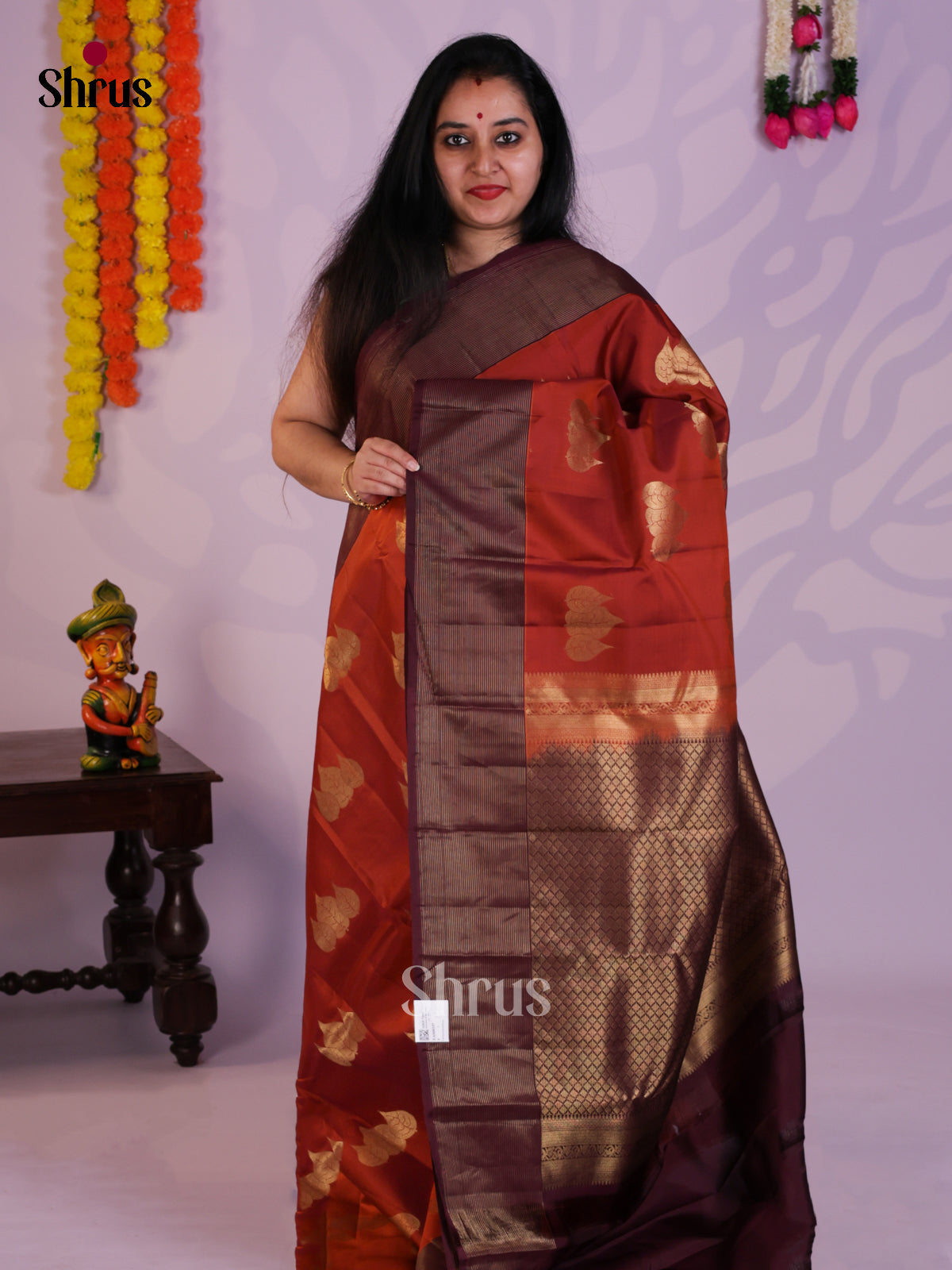 Rusty Orange & Brown - Kanchipuram-halfpure Saree- EAS08337 - Shop on Shrus.com