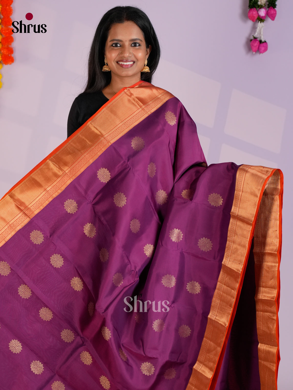 Purple & Orange - Kanchipuram-halfpure Saree- EAS08344 - Shop on Shrus.com