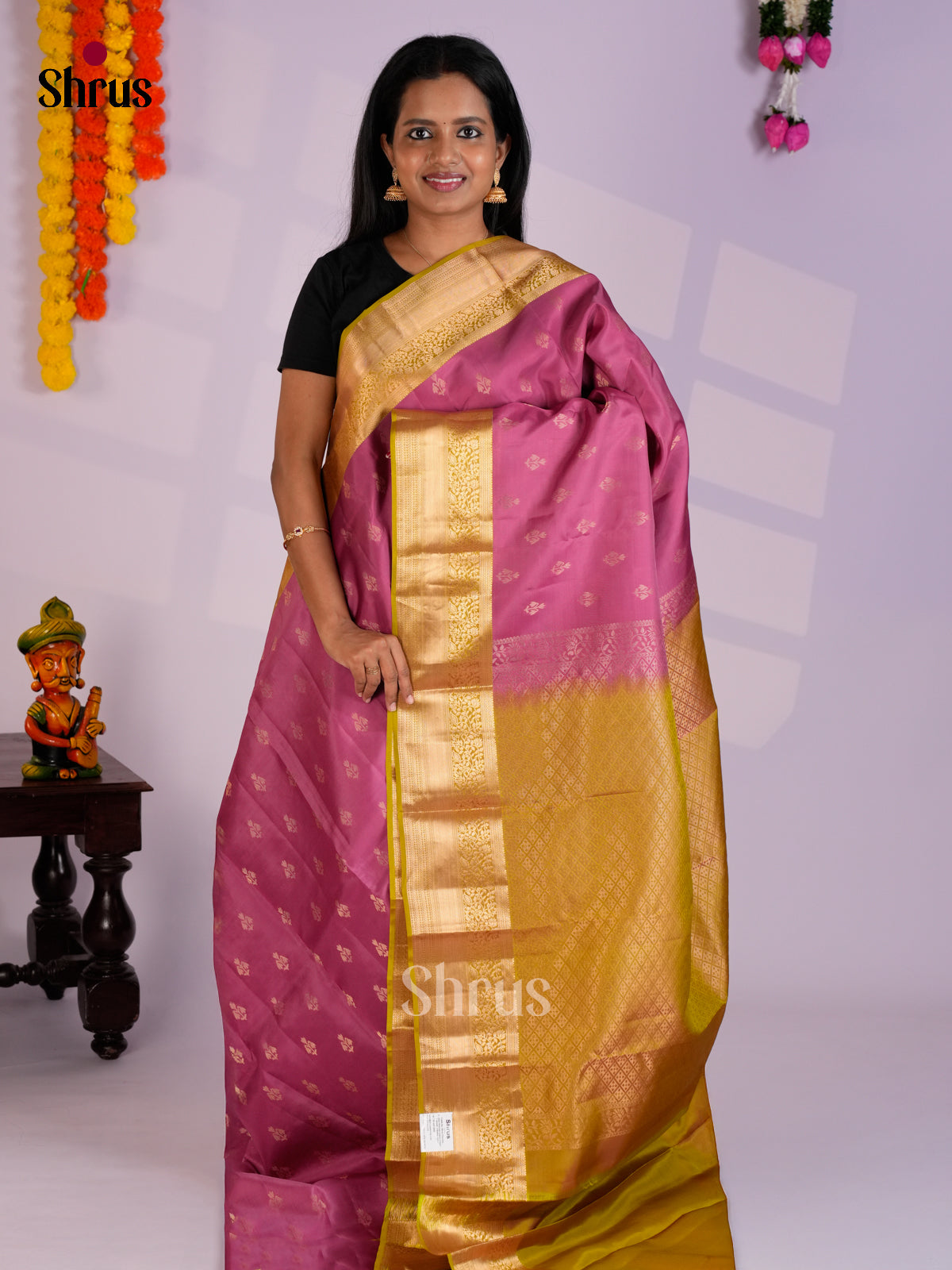 Pink & Mustard - Kanchipuram-halfpure Saree-EAS09017 - Shop on Shrus.com