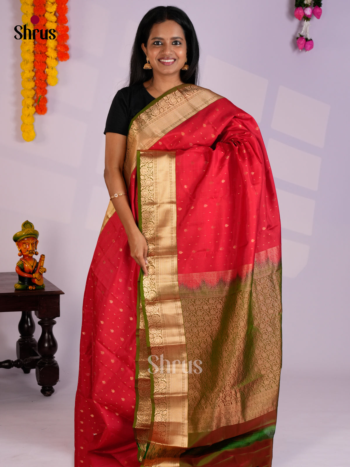 Orange & Green - Kanchipuram-halfpure Saree- EAS09020 - Shop on Shrus.com