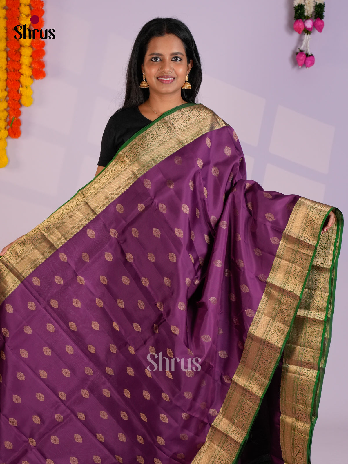 Purple & Green - Kanchipuram-halfpure Saree- EAS09022 - Shop on Shrus.com