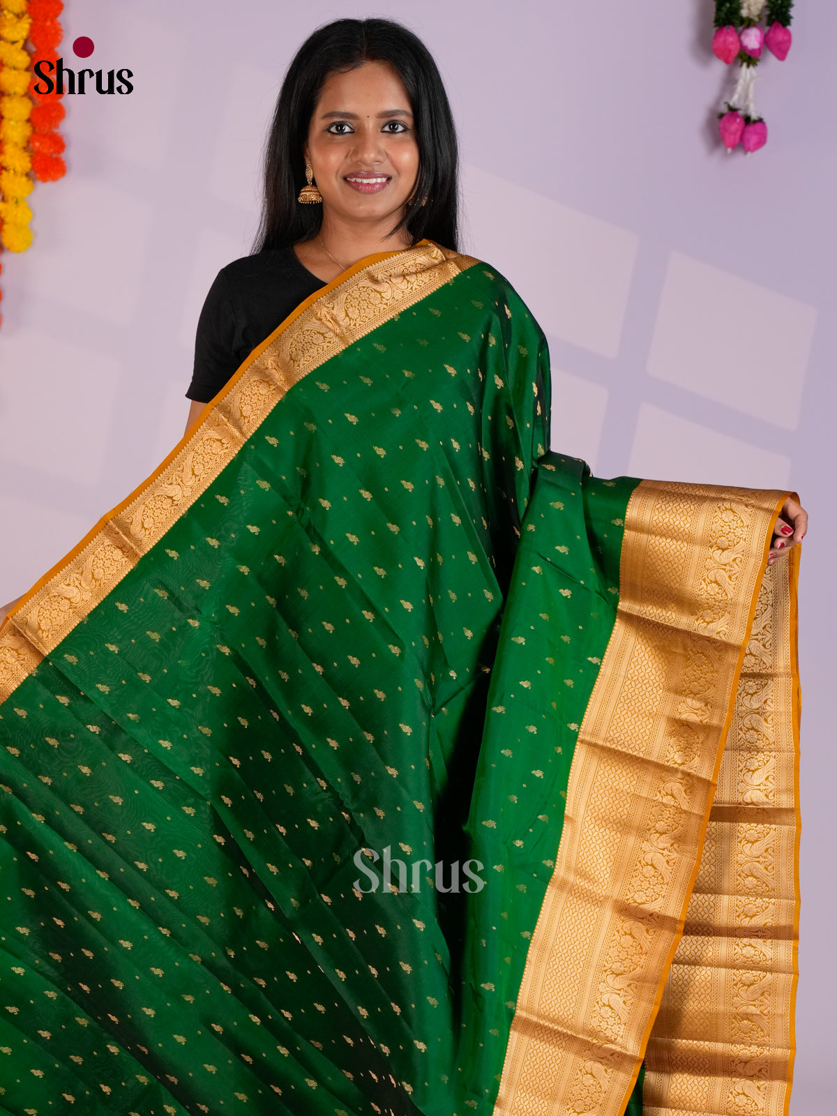 Green & Mustard - Kanchipuram-halfpure Saree- EAS09032 - Shop on Shrus.com
