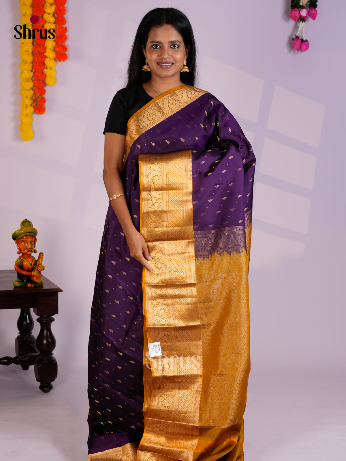 Violet & Mustard - Kanchipuram-halfpure Saree- EAS09033 - Shop on Shrus.com