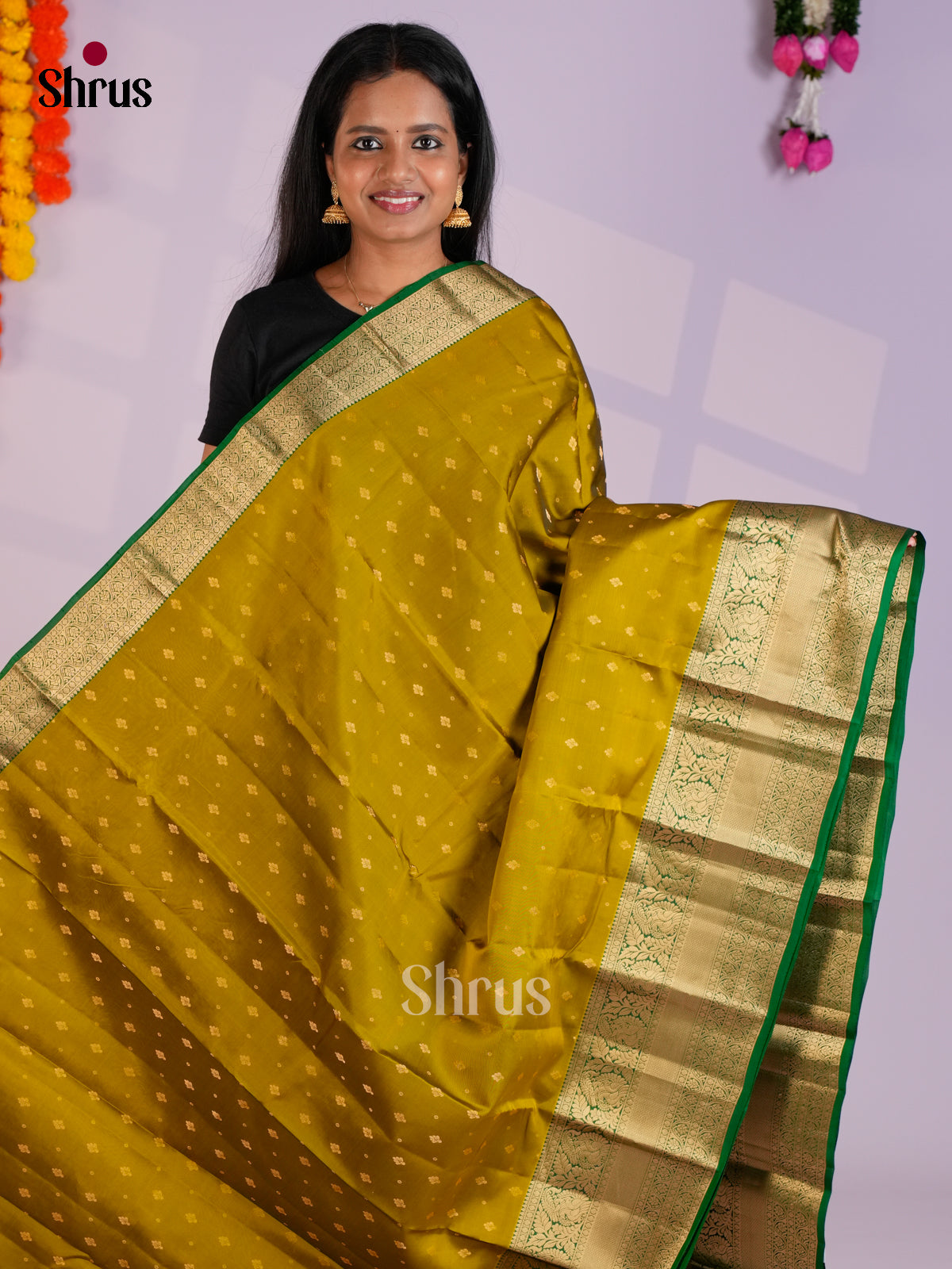 Mustardy Green & Green - Kanchipuram-halfpure Saree- EAS09036 - Shop on Shrus.com