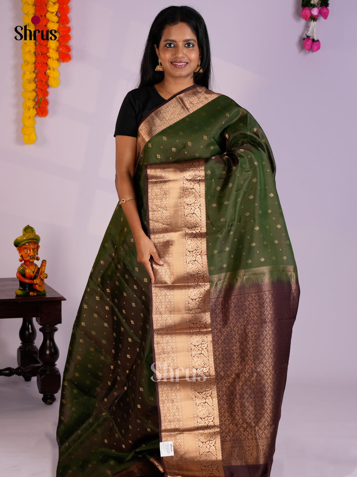 Green & Brown - Kanchipuram-halfpure Saree- EAS09039 - Shop on Shrus.com