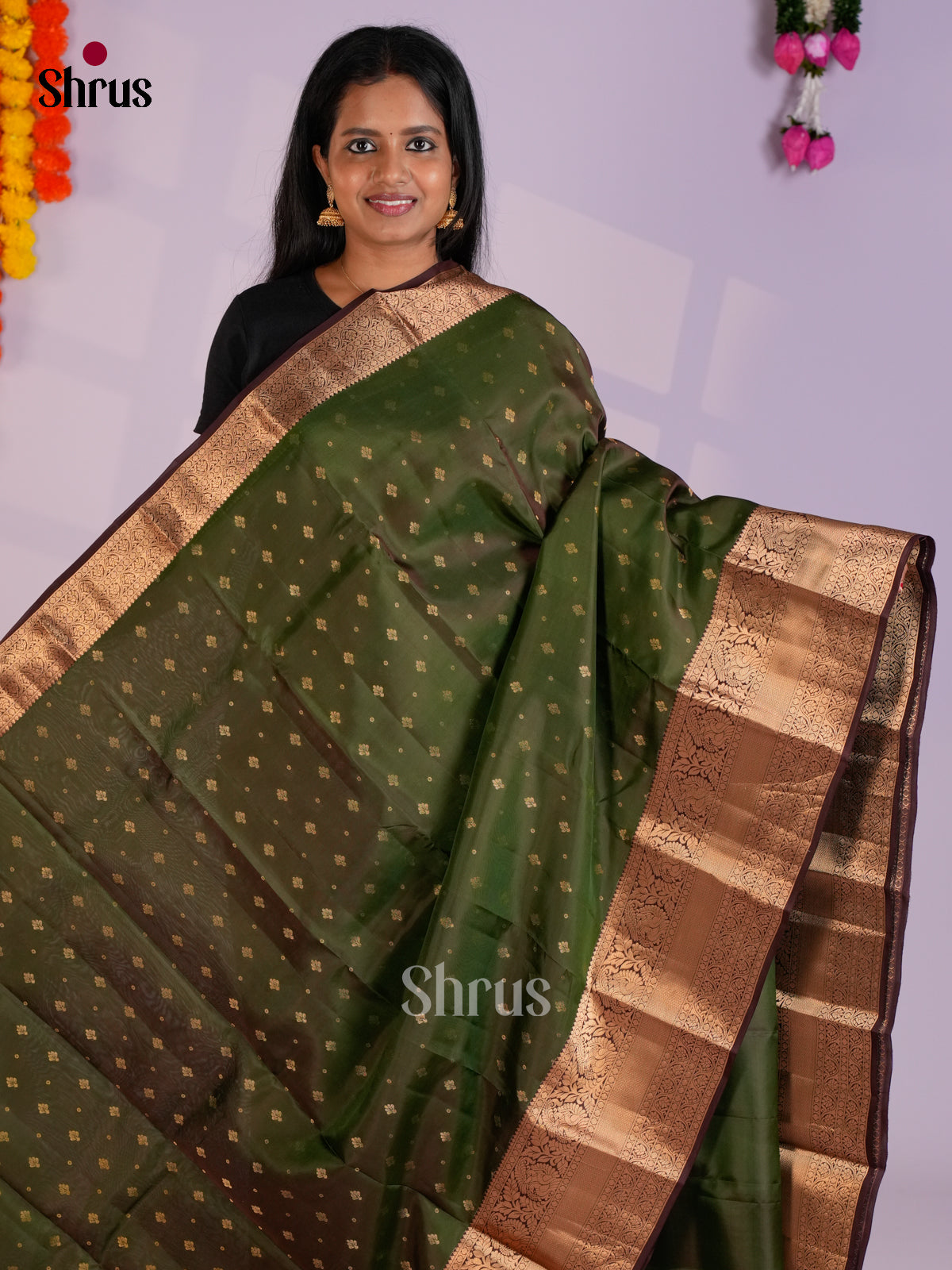 Green & Brown - Kanchipuram-halfpure Saree- EAS09039 - Shop on Shrus.com