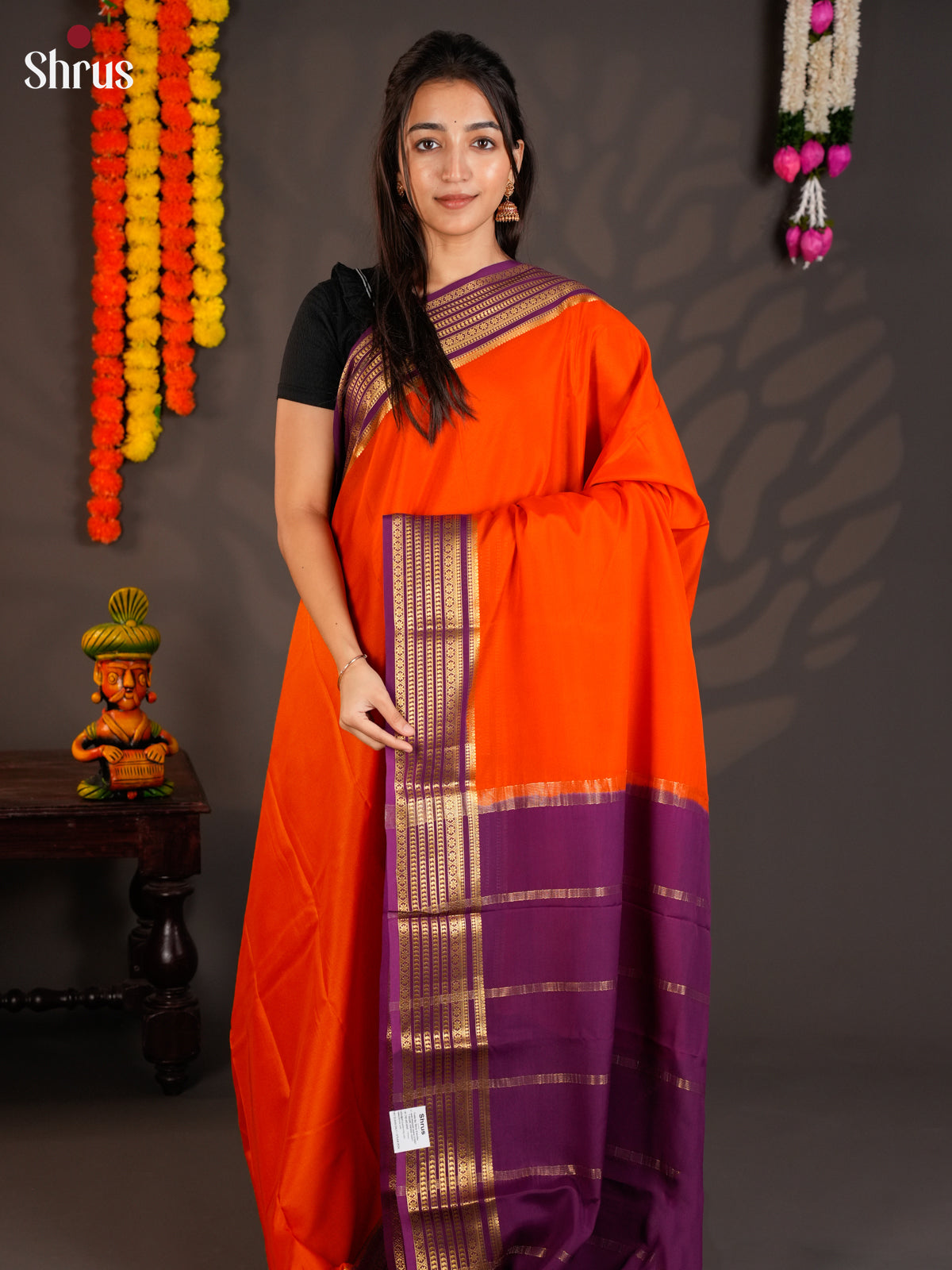 Radiant Orange Mysore Silk Saree with zari striped purple border-EAS09118