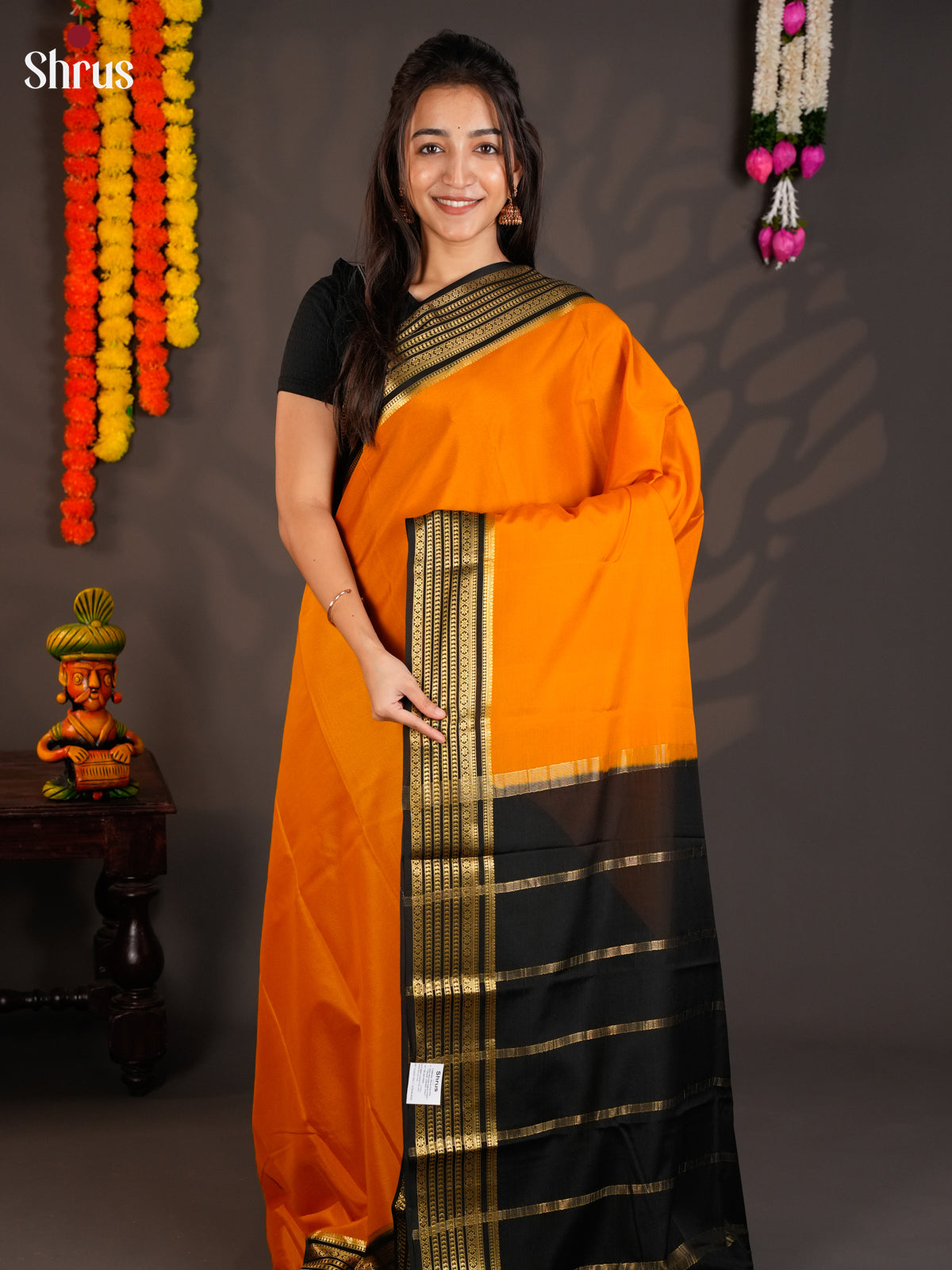 Lustrous Mustard & Black Mysore Silk Saree with zari striped border-EAS09122
