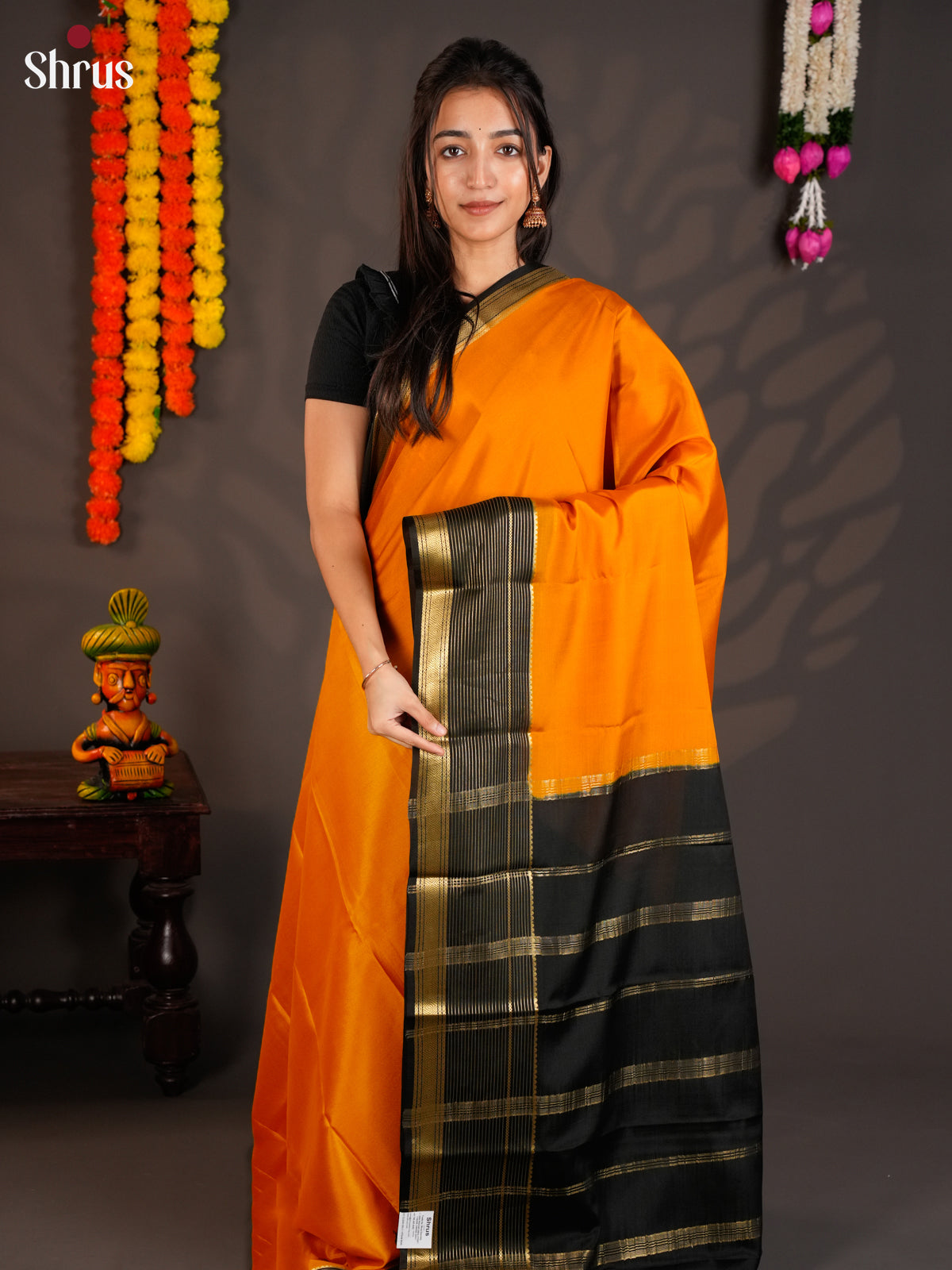 Beautiful Orange & Black Mysore Silk Saree with contrast zari border - EAS09132