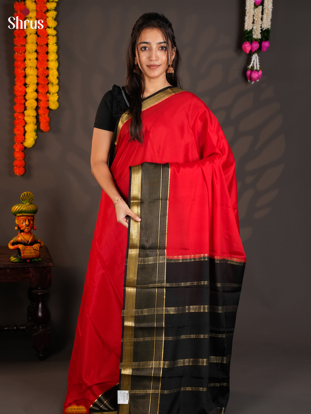 Pretty Red & Black Mysore Silk Saree with contrast zari border- EAS09136
