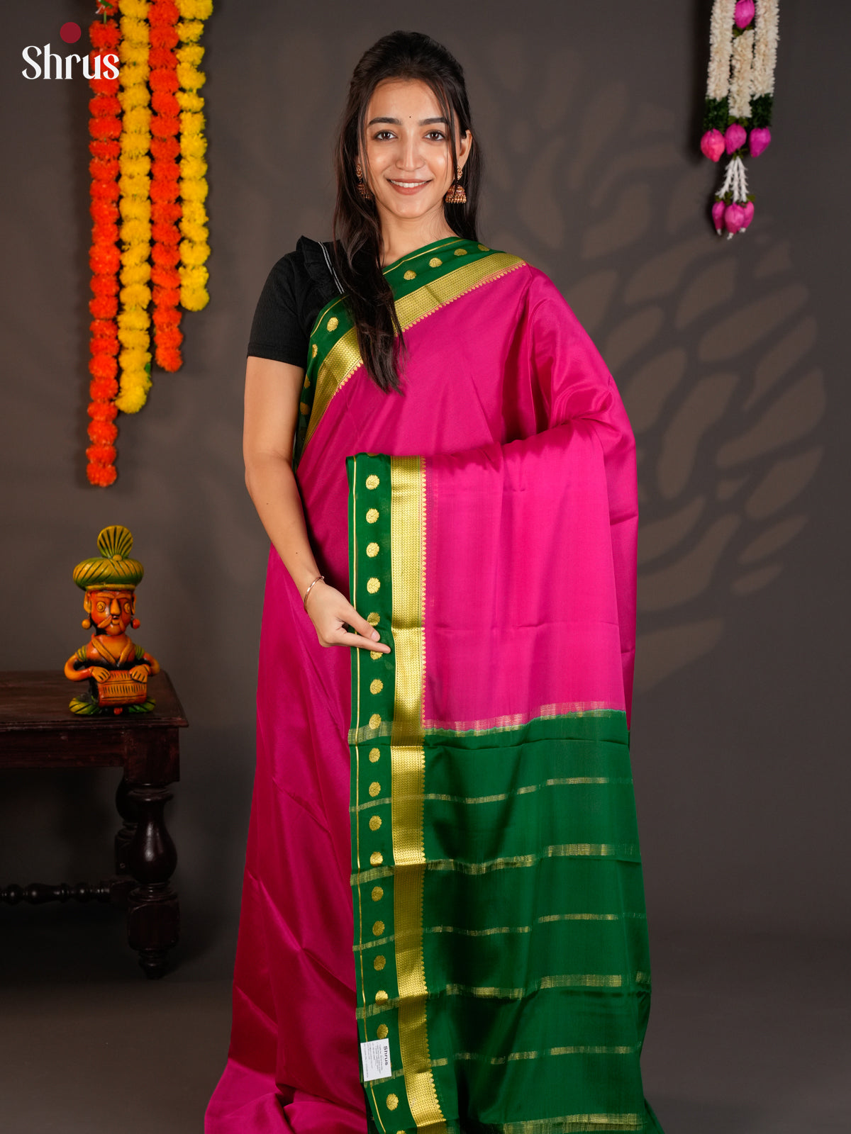 Regal Pink & Green Mysore Silk Saree with contrast zari border- EAS09140