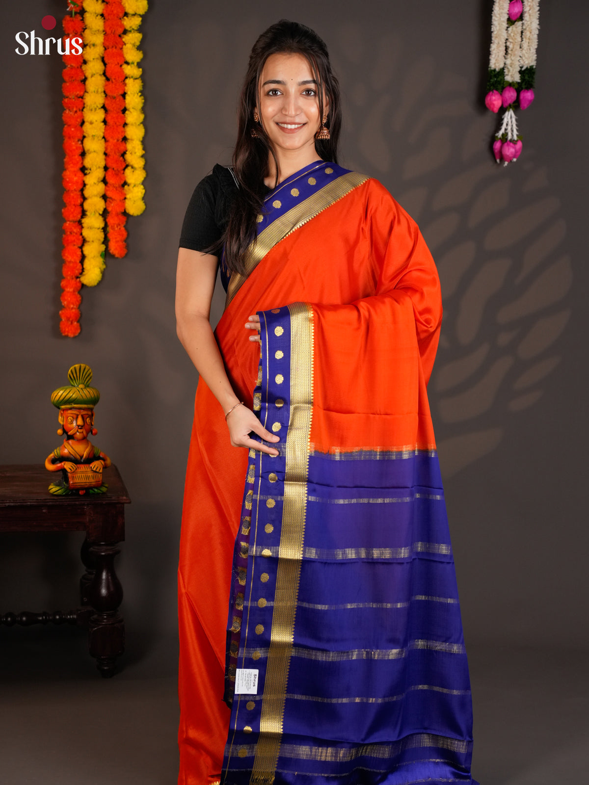 Stunning Orange & Blue Mysore Silk Saree with contrast zari border -EAS09143