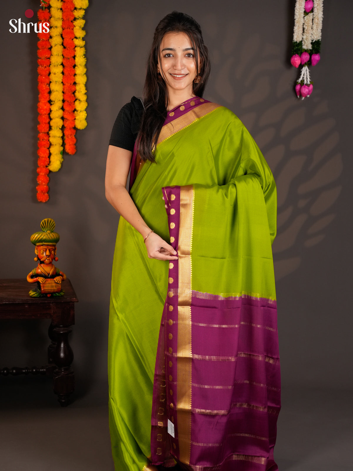 Beautiful Light Green & Purple Mysore Silk Saree with contrast border - EAS09144