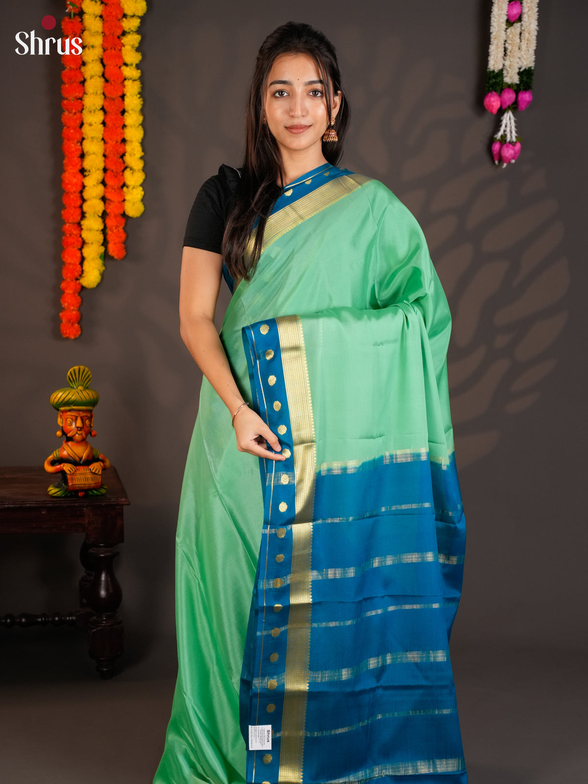 Pretty Pista Green & Blue Mysore Silk Saree with contrast zari border- EAS09147