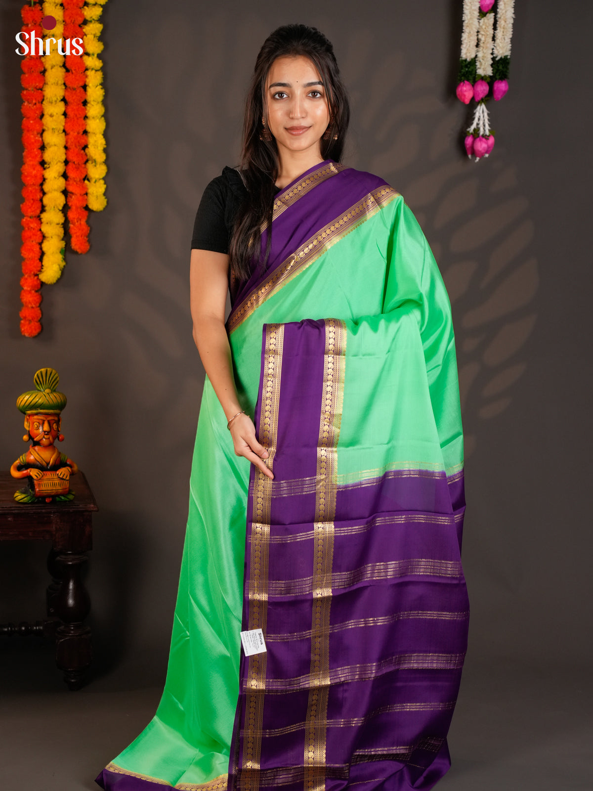 Elegant Sea Green & Violet Mysore Silk Saree with rettaipet zari border -EAS09152