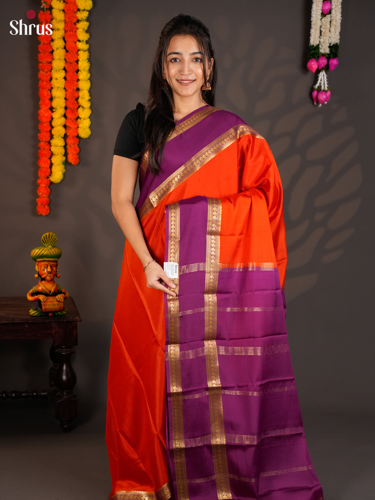 Radiant Orange & Purple Mysore Silk Saree with rettaipet zari border -EAS09156