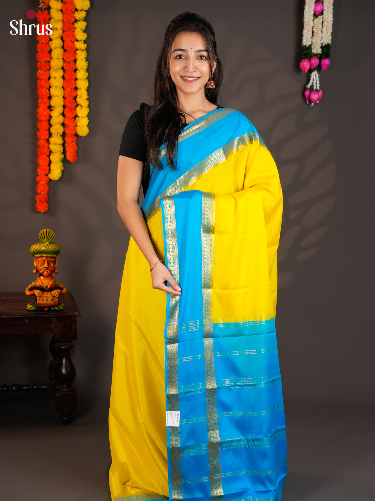 Glorious Yellow & Blue Mysore Silk Saree with rettaipet border- EAS09159