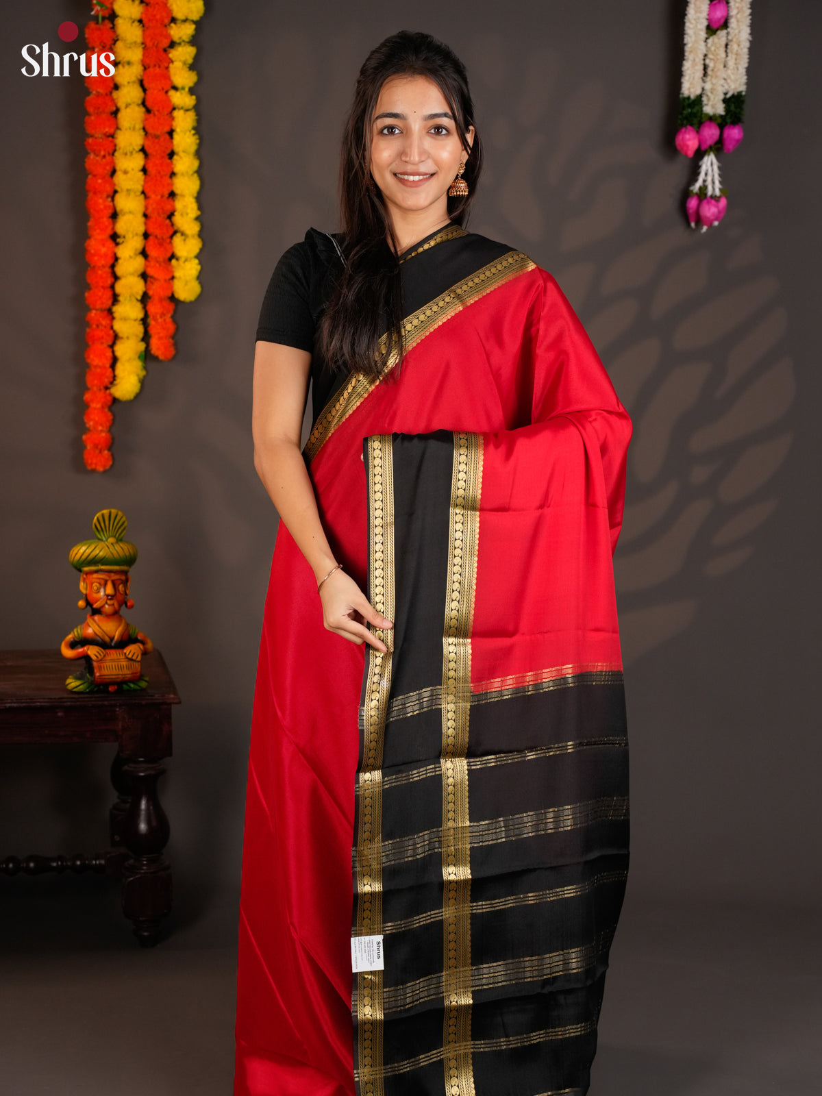 Elegant Red & Black Mysore Silk Saree with rettaipet zari border - EAS09160