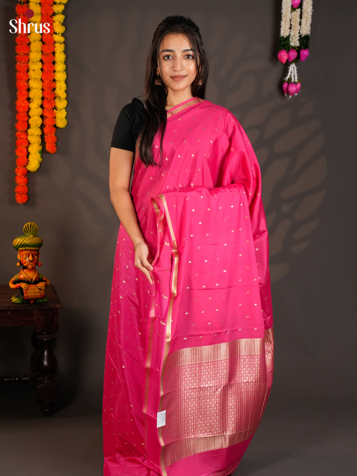 Charming Pink Single Tone Mysore Silk Saree gleams with zari buttas - EAS09167