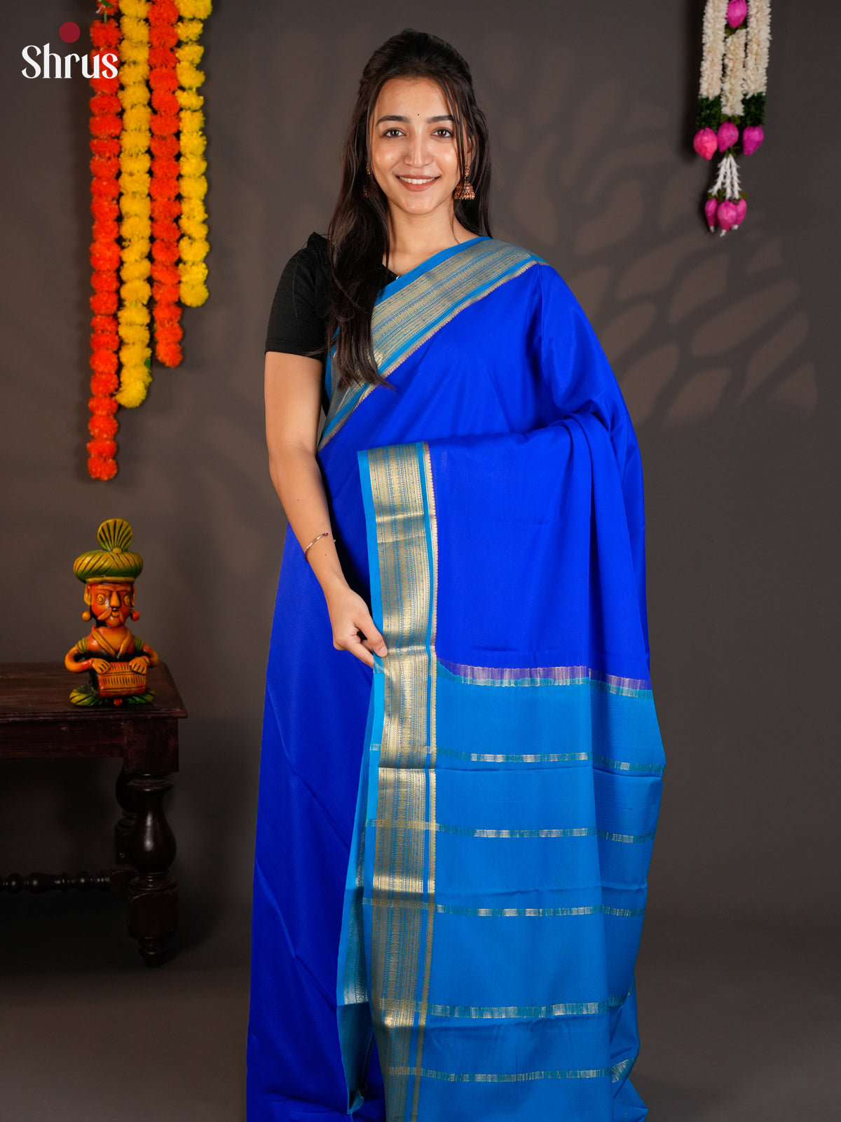 Vibrant Blue Mysore Silk Saree with contrast gold zari border - EAS09172 - Shop on Shrus.com