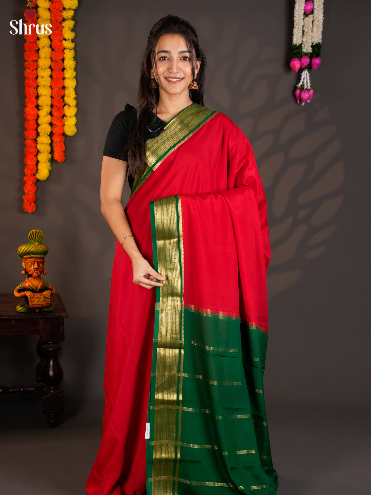 Lustrous Red & Green Mysore Silk Saree with zari border- EAS09175