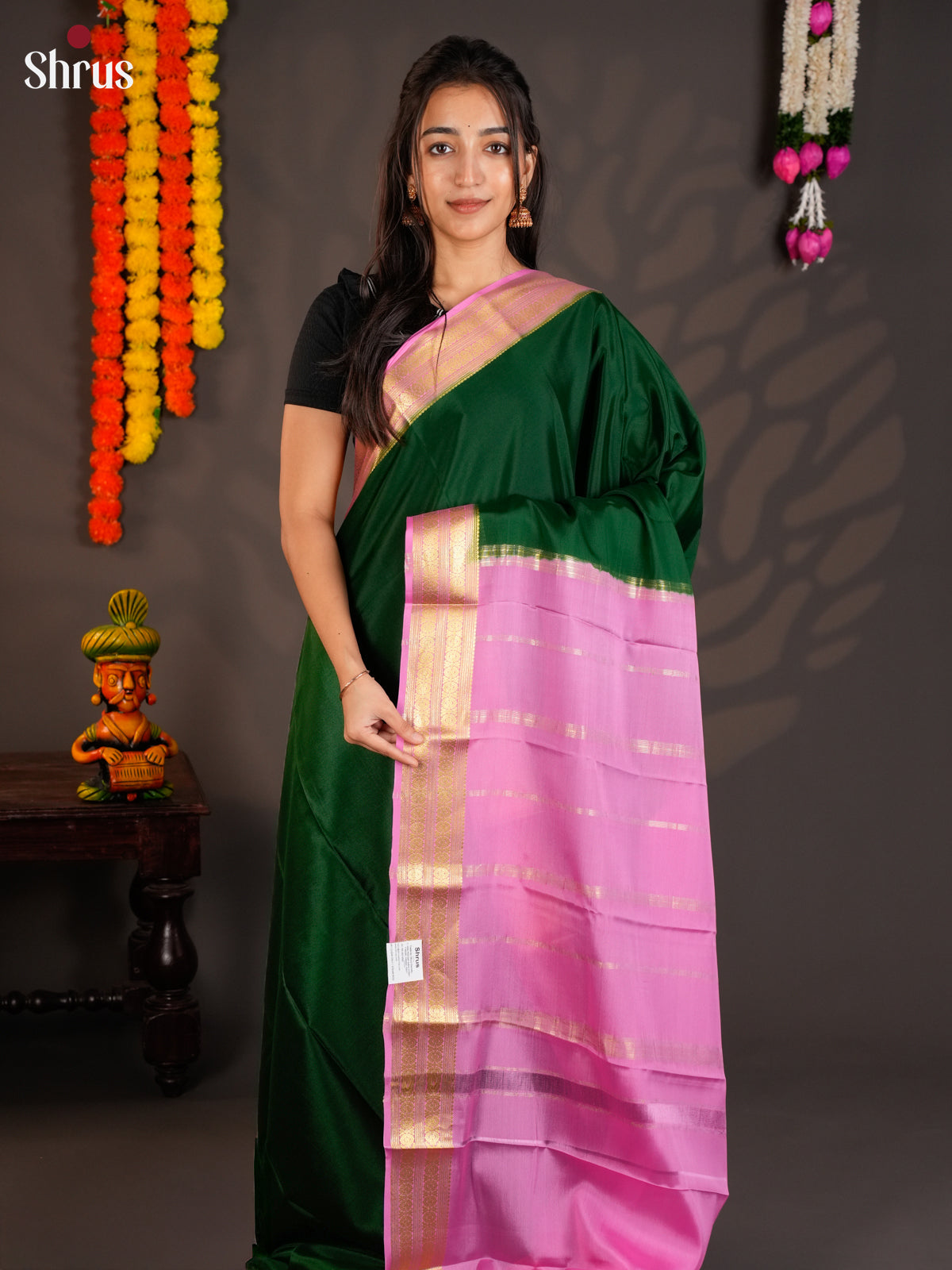 Classy Green & Pink Mysore Silk Saree with zari border - EAS09176