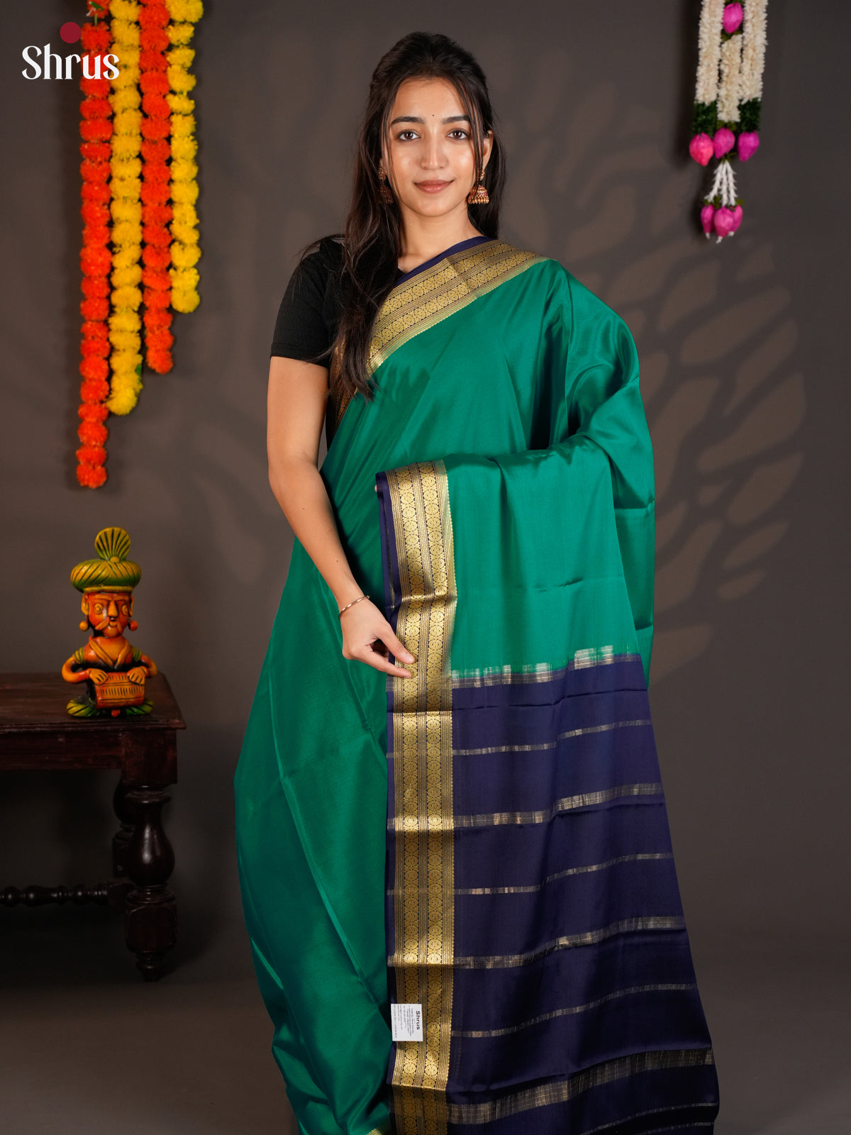 Elegant Green & Blue Mysore Silk Saree with gold zari border- EAS09177