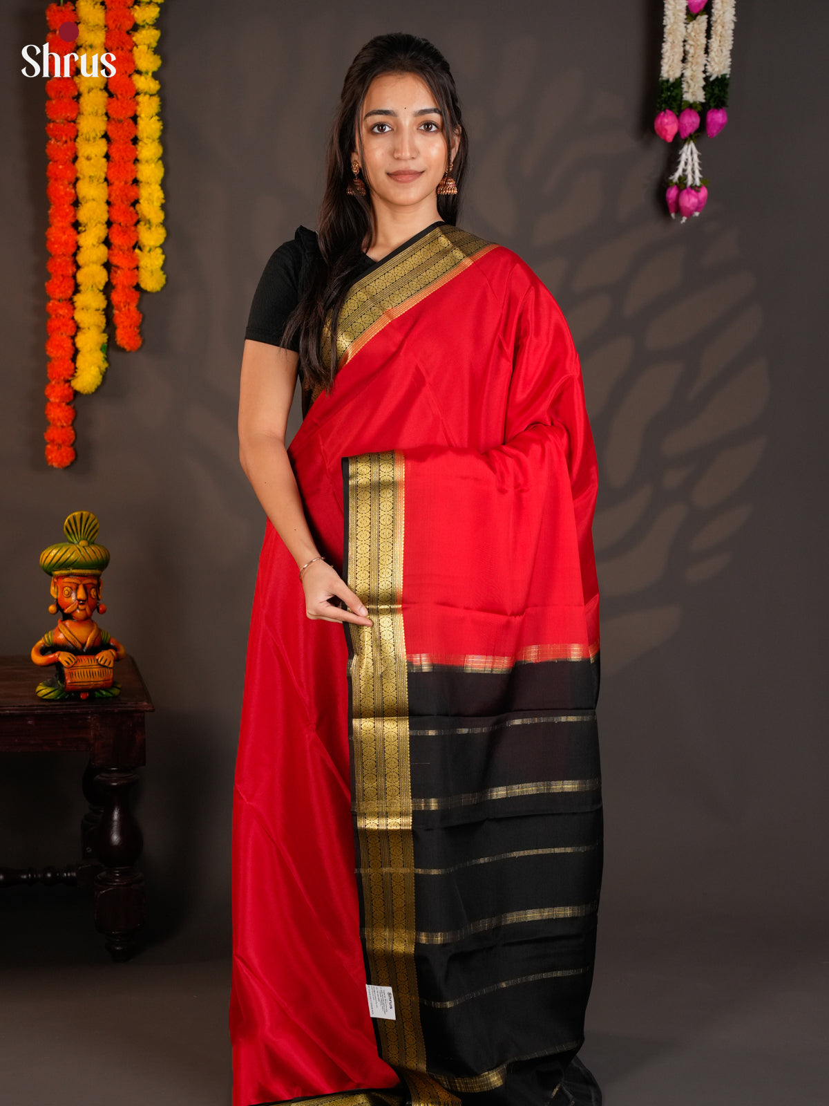 Stunning Red & Black Mysore Silk Saree with zari border- EAS09180