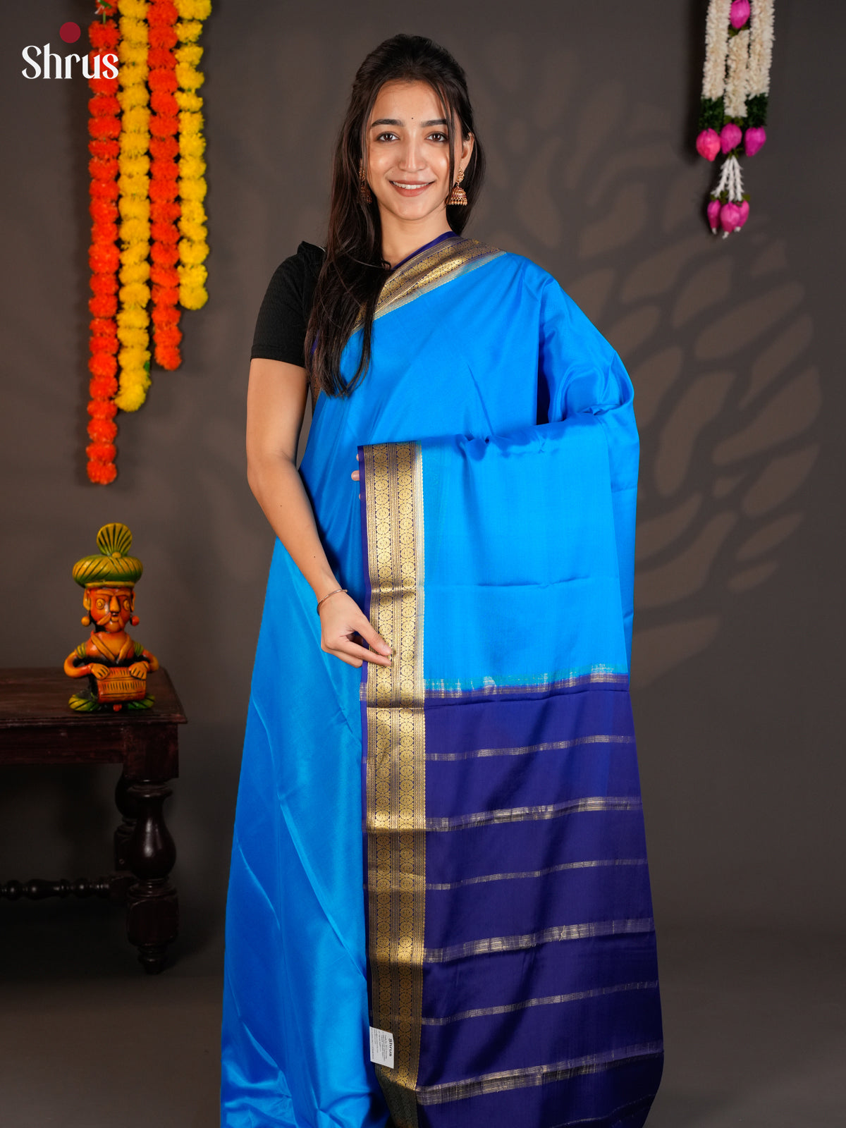 Celestial Sky Blue Mysore Silk Saree with blue zari border -EAS09181