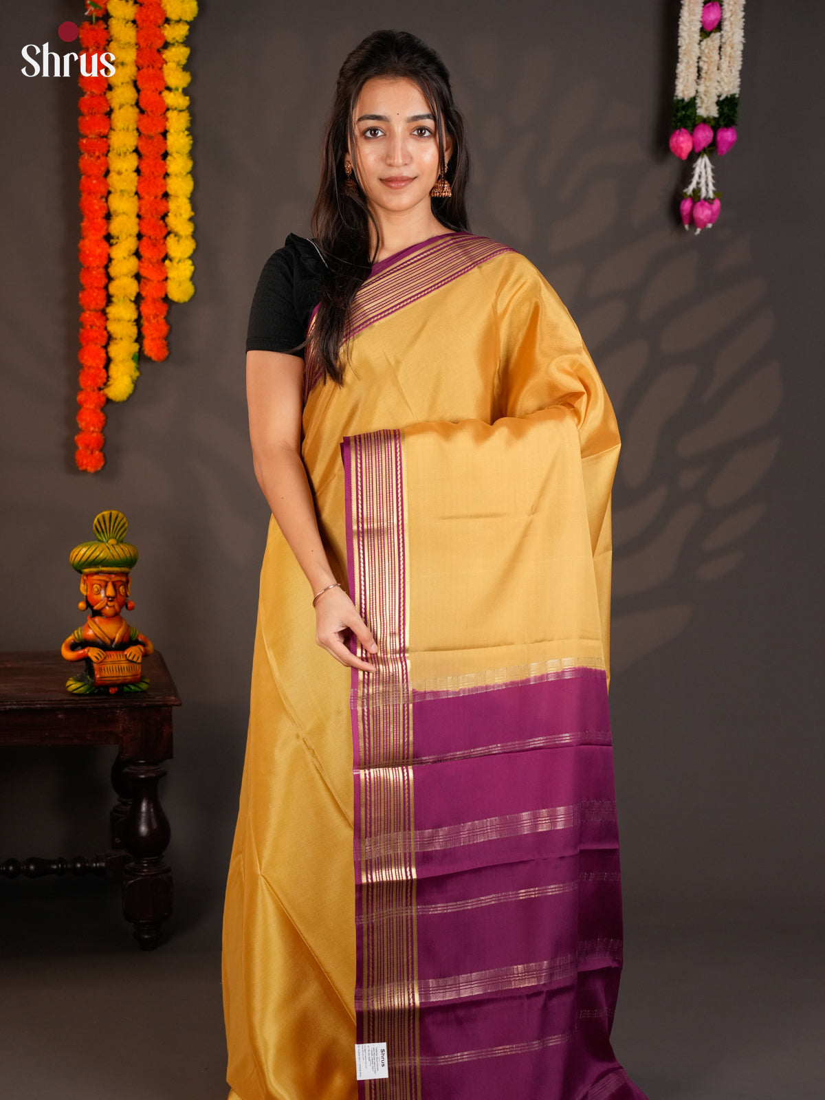 Lustrous Mustard & Purple Mysore Silk Saree with zari striped border - EAS09187