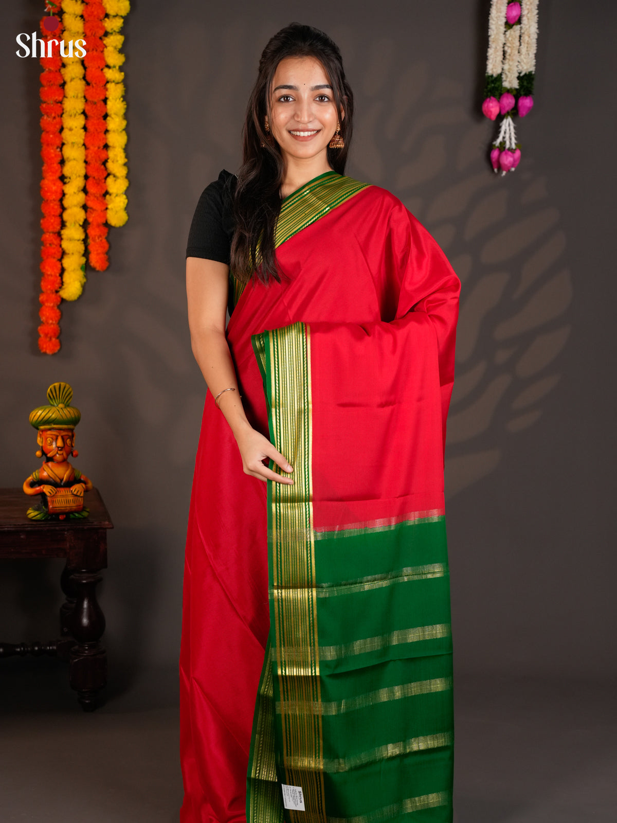 Classy Red & Green Mysore Silk Saree with zari striped border-EAS09188