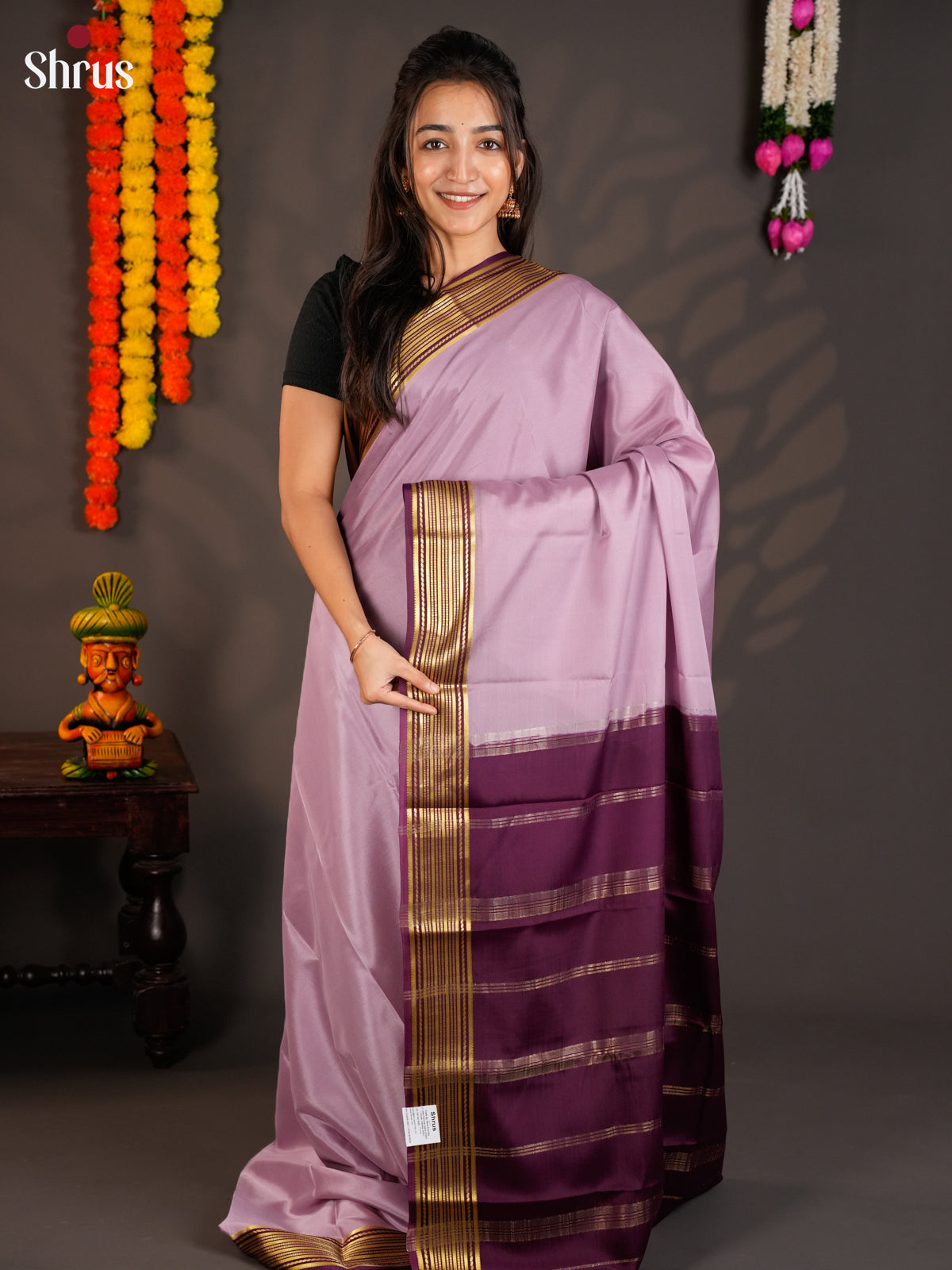Charming Lavender Mysore Silk Saree with dark purple zari border- EAS09191