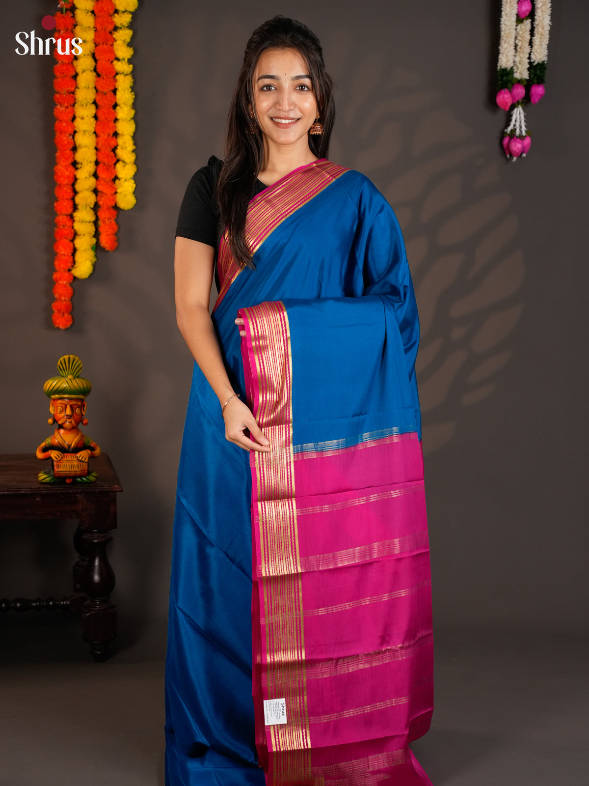 Elegant Blue & Pink Mysore Silk Saree with zari border -EAS09192