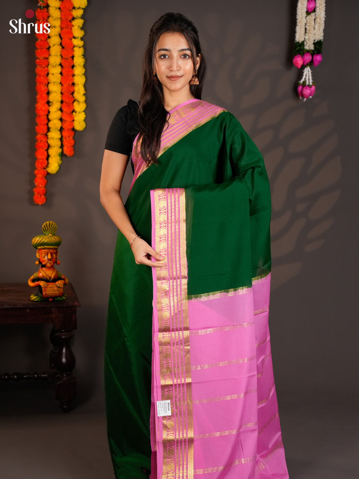 Classy Green & Pink Mysore Silk Saree with rich zari border-EAS09197