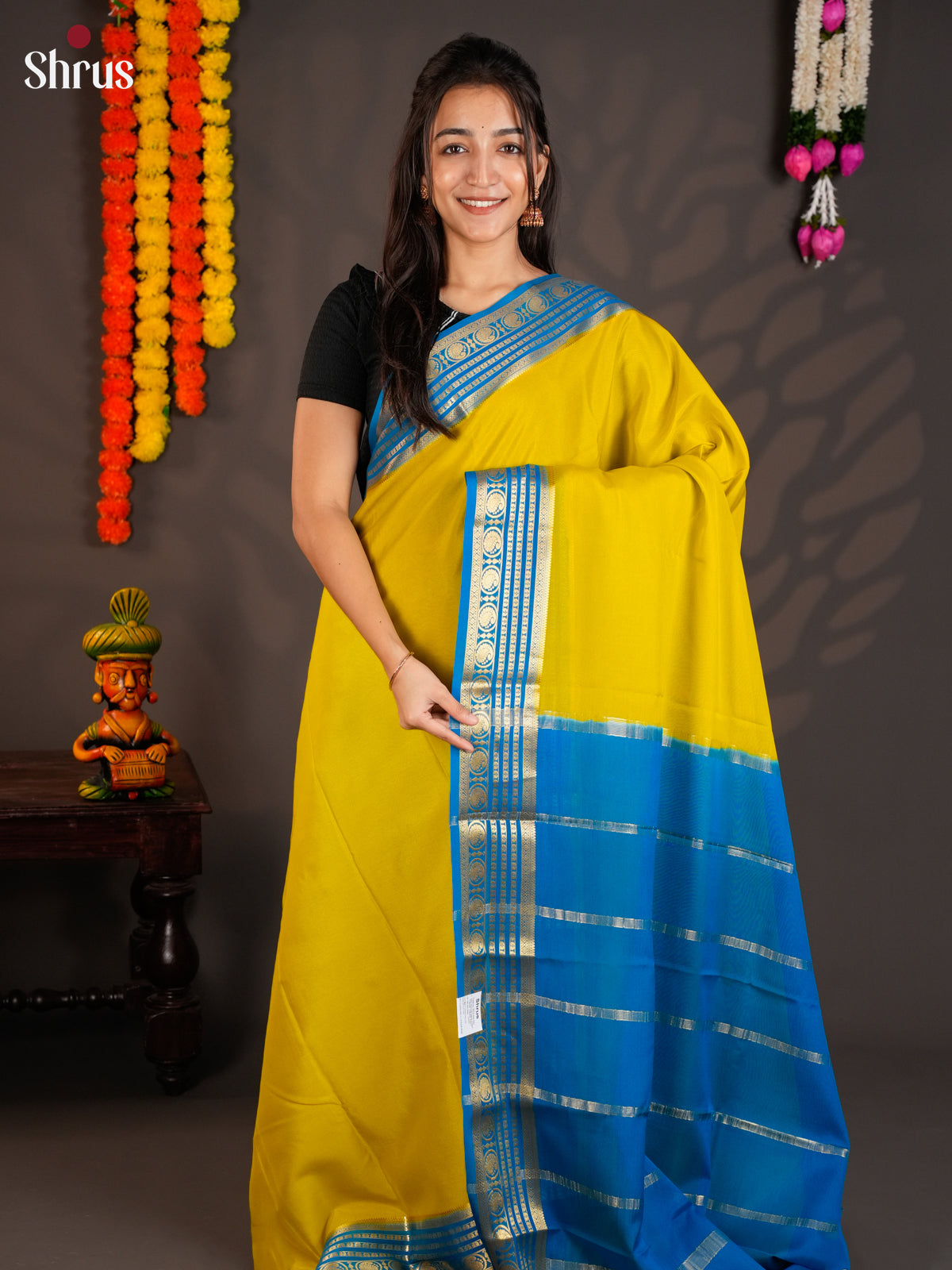 Luminous Yellow & Blue Mysore Silk Saree with rich zari border- EAS09200 - Shop on Shrus.com