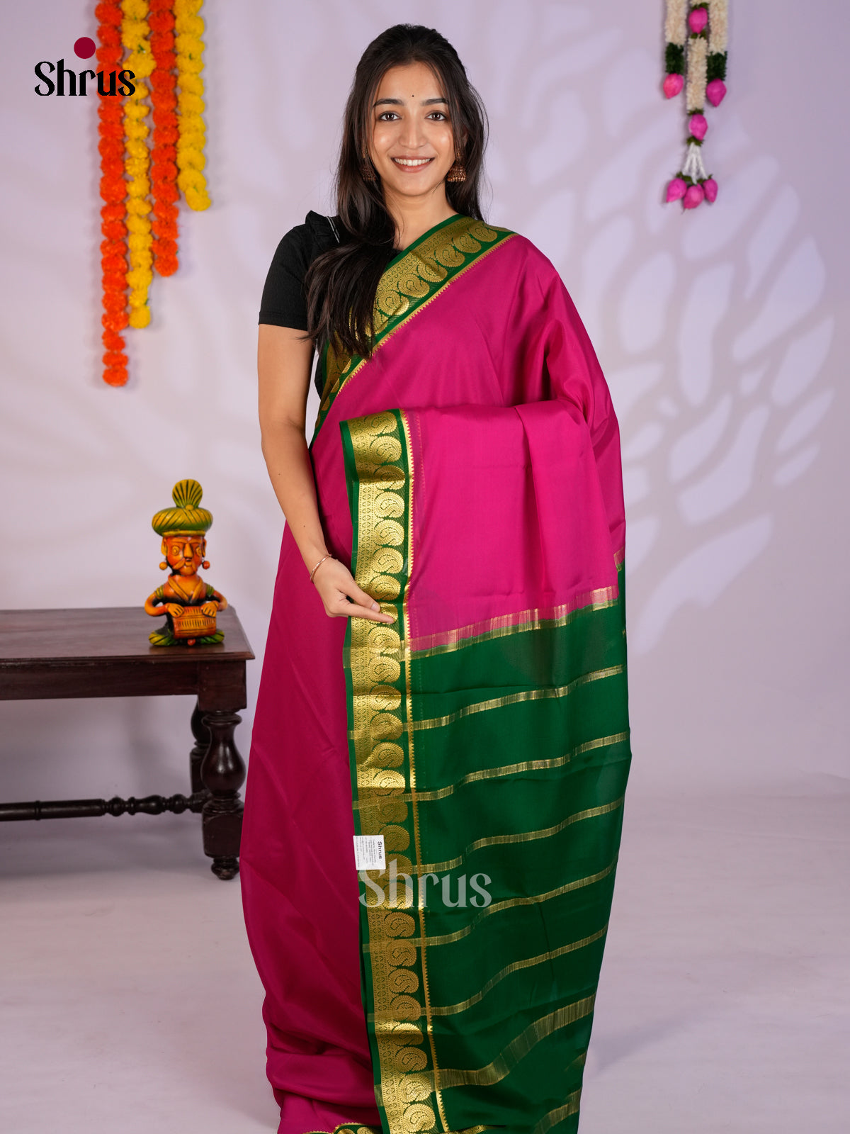 Stunning Pink & Green Mysore Silk Saree with traditional zari border - EAS09204