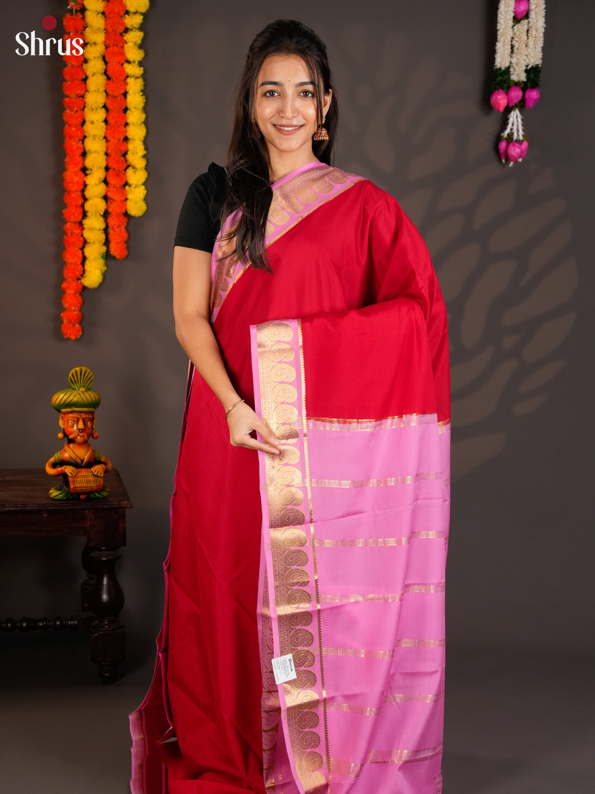 Gorgeous Red & Pink Mysore Silk Saree with rich zari border - EAS09206