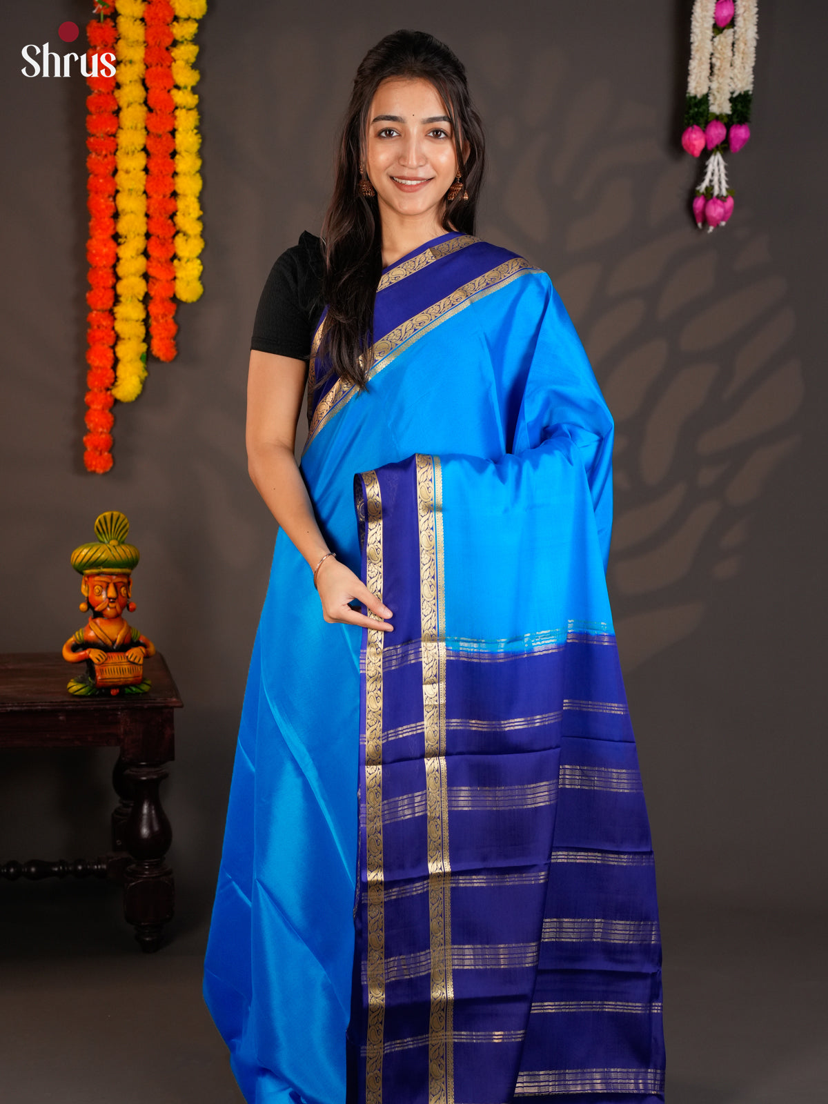 Celestial Sky Blue & Blue Mysore Silk Saree with rettaipet zari border - EAS09210