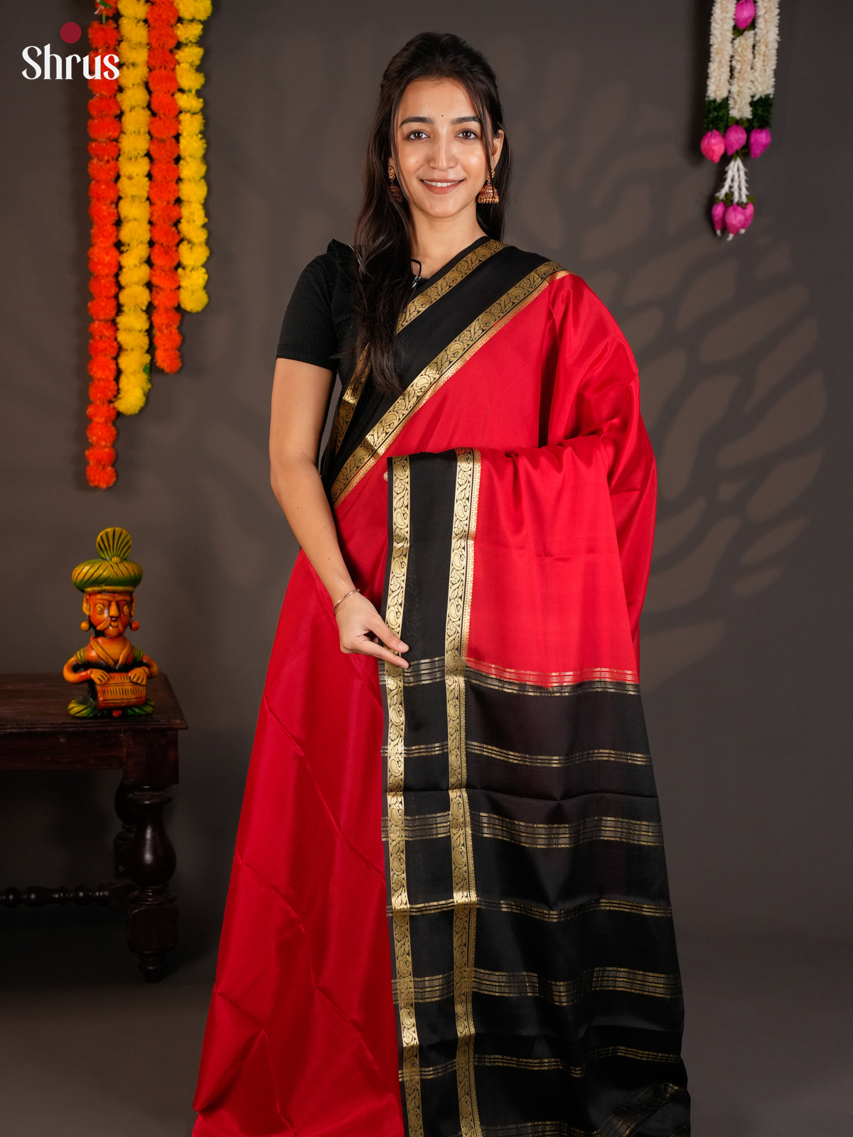 Majestic Red & Black Mysore Silk Saree with rettaipet zari border-EAS09212