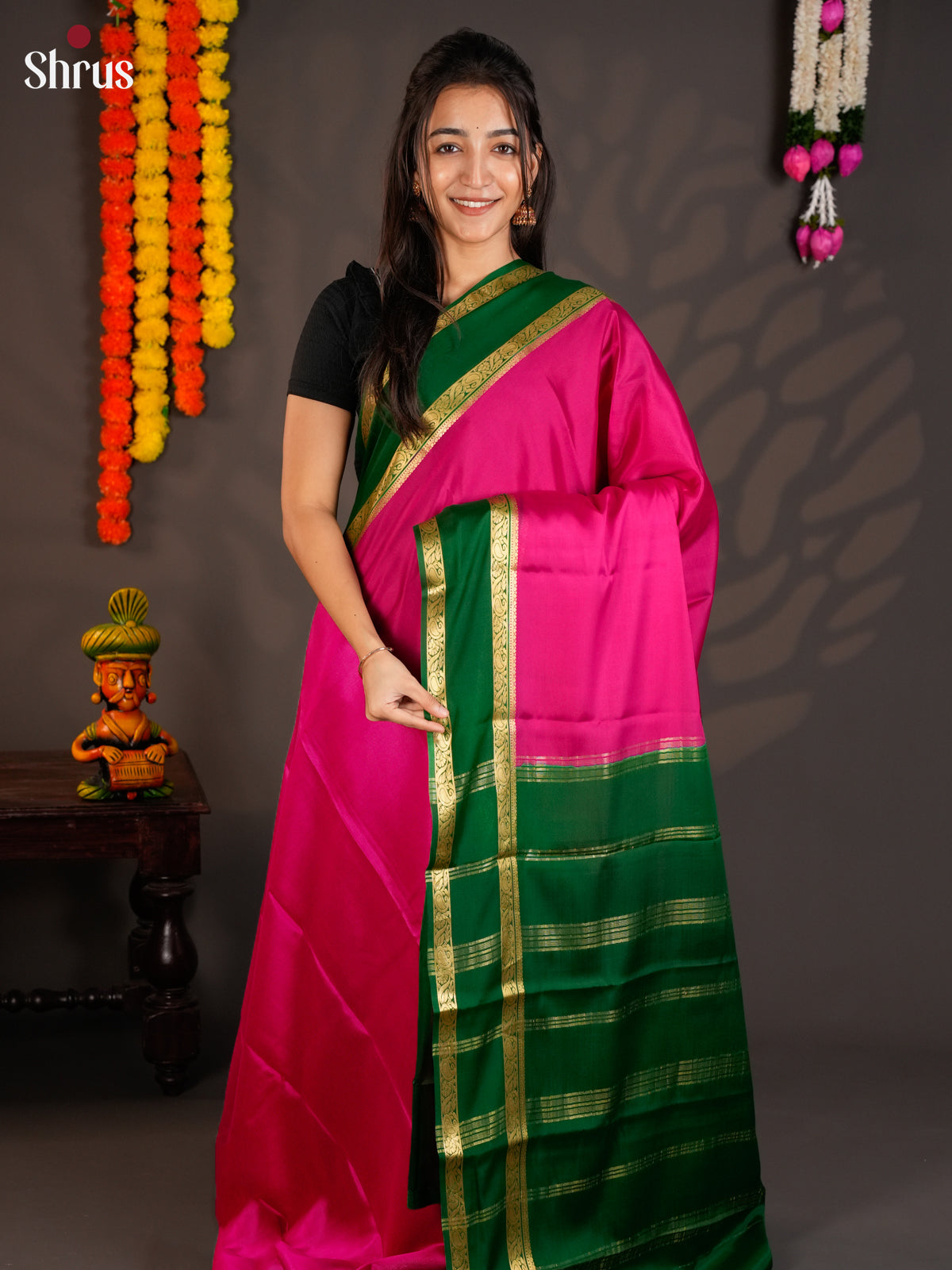 Regal Pink & Green Mysore Silk Saree with rettaipet zari border - EAS09213
