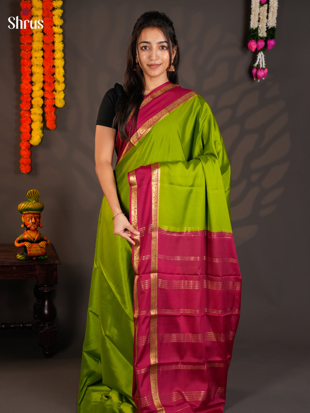 Elegant Parrot Green & Maroon Mysore Silk Saree with rettaipet zari border - EAS09214