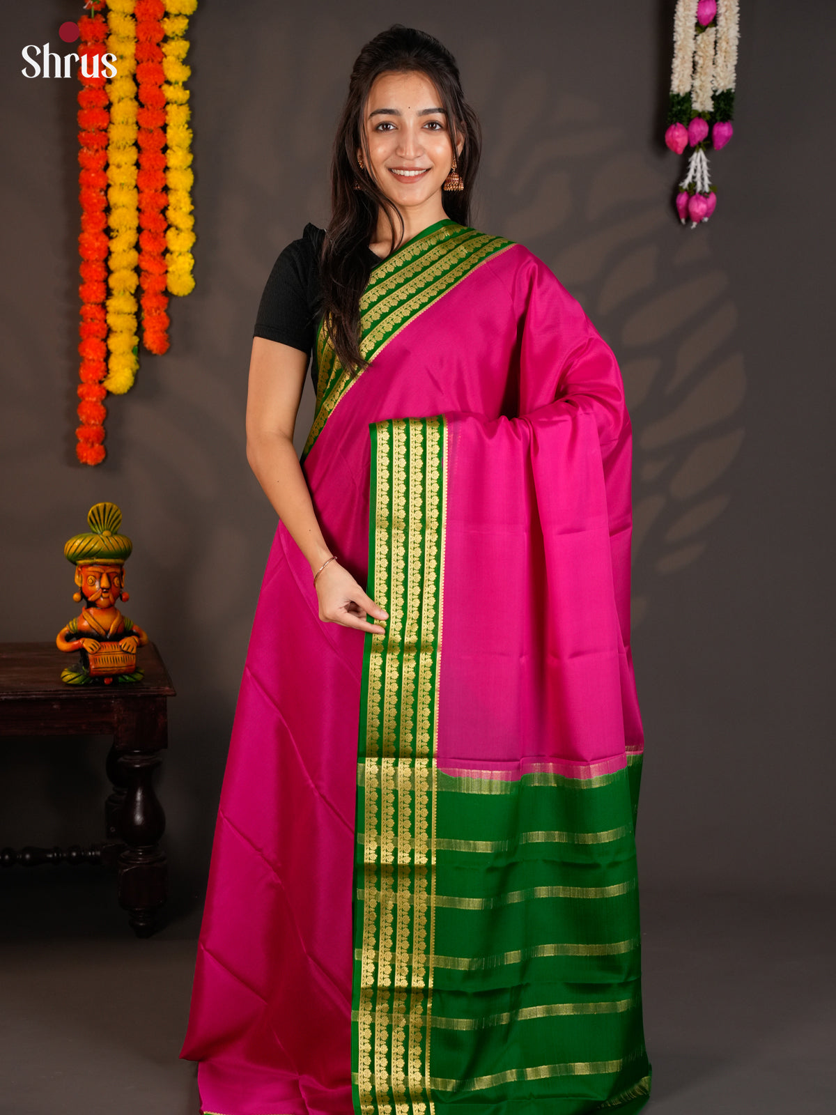 Lustrous Rani Pink & Green Mysore Silk Saree with gold zari border - EAS09218 - Shop on Shrus.com