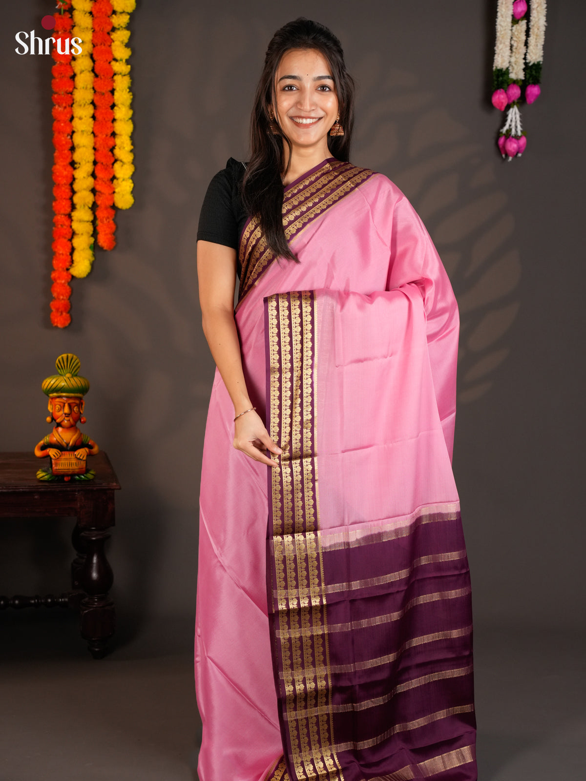 Gorgeous Pink & Purple Mysore Silk Saree with contrast zari striped border - EAS09219 - Shop on Shrus.com