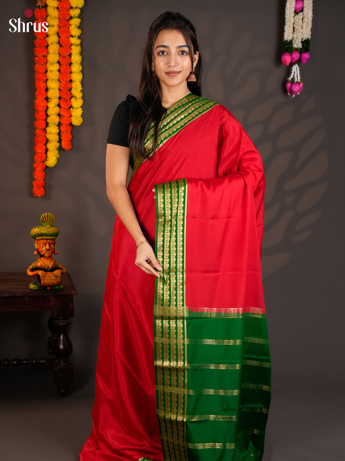 Chic Red Mysore Silk Saree with contrast green zari border EAS09221